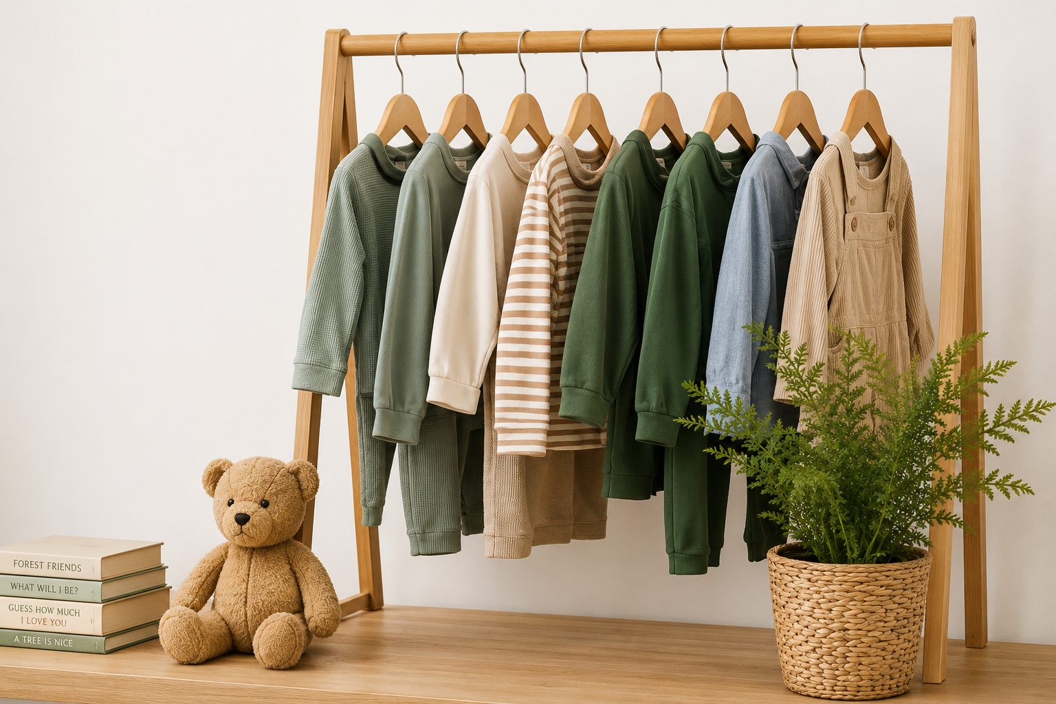 A wooden clothing rack holding eight assorted sweatshirts and hoodies in neutral and green tones. Beside it, a stuffed teddy bear, a stack of books, and a potted fern plant.