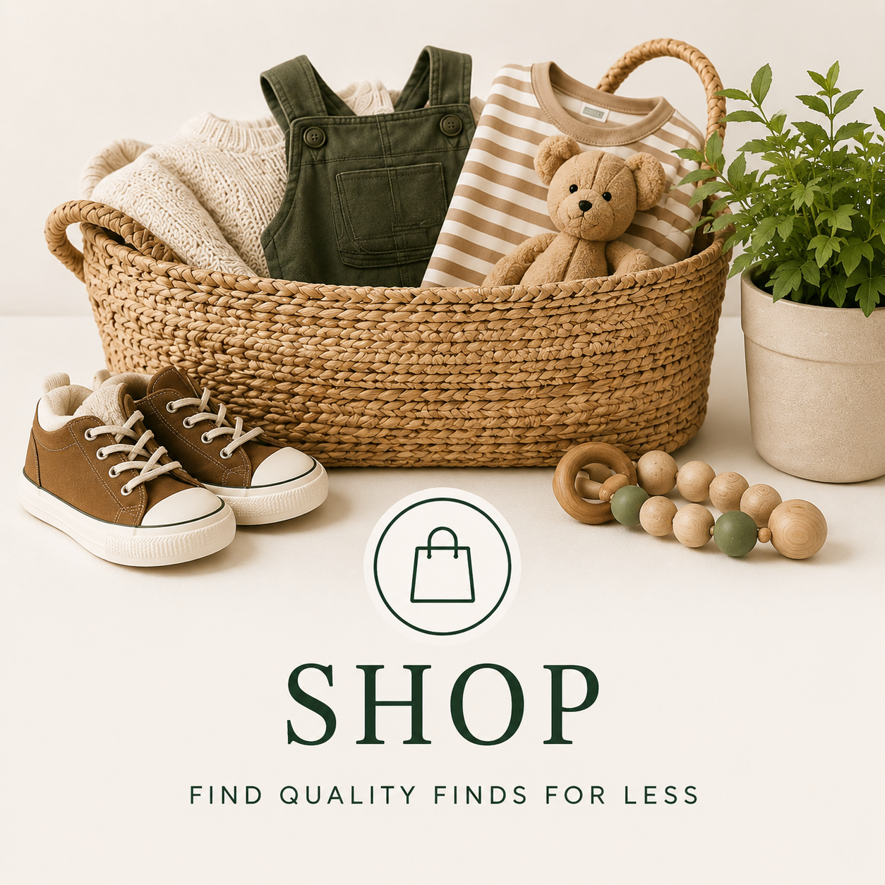 Children's clothing, shoes, and toys in a woven basket with a plant nearby, with a shop logo and slogan below.