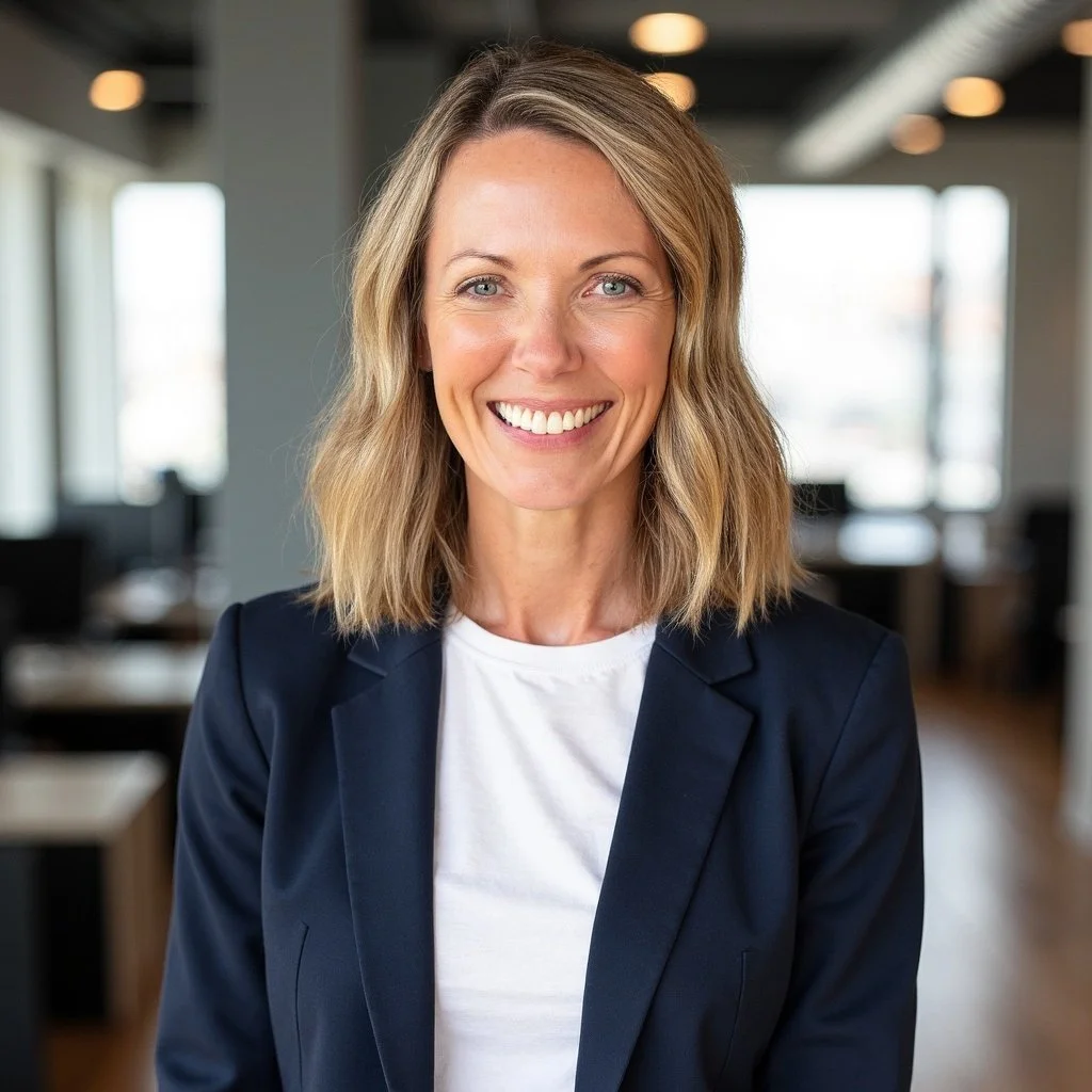 A woman with shoulder-length blonde hair, wearing a navy blazer and white shirt, smiling in an office setting with large windows and blurred desks in the background.