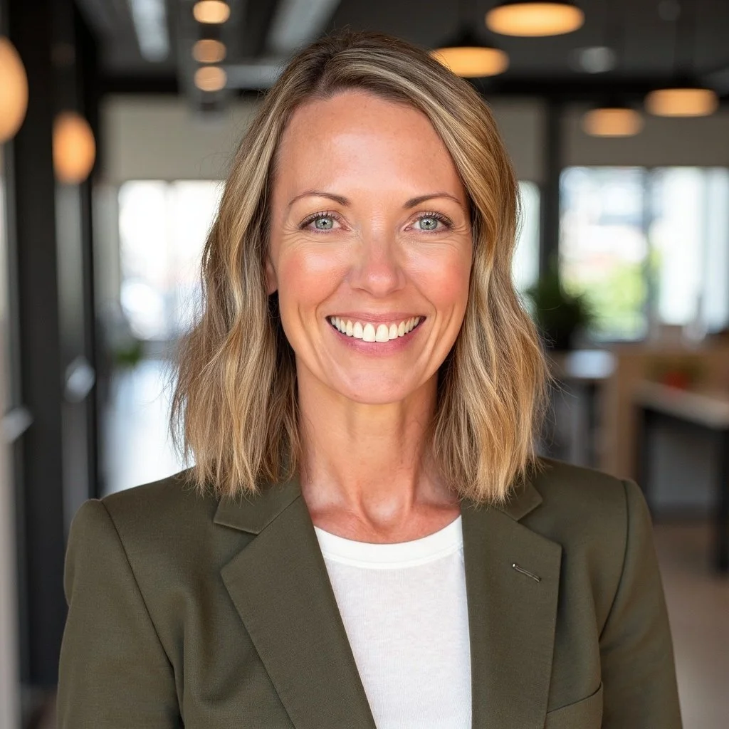 Portrait of a smiling woman with shoulder-length blonde hair, wearing a dark blazer and white top, in a modern office environment.