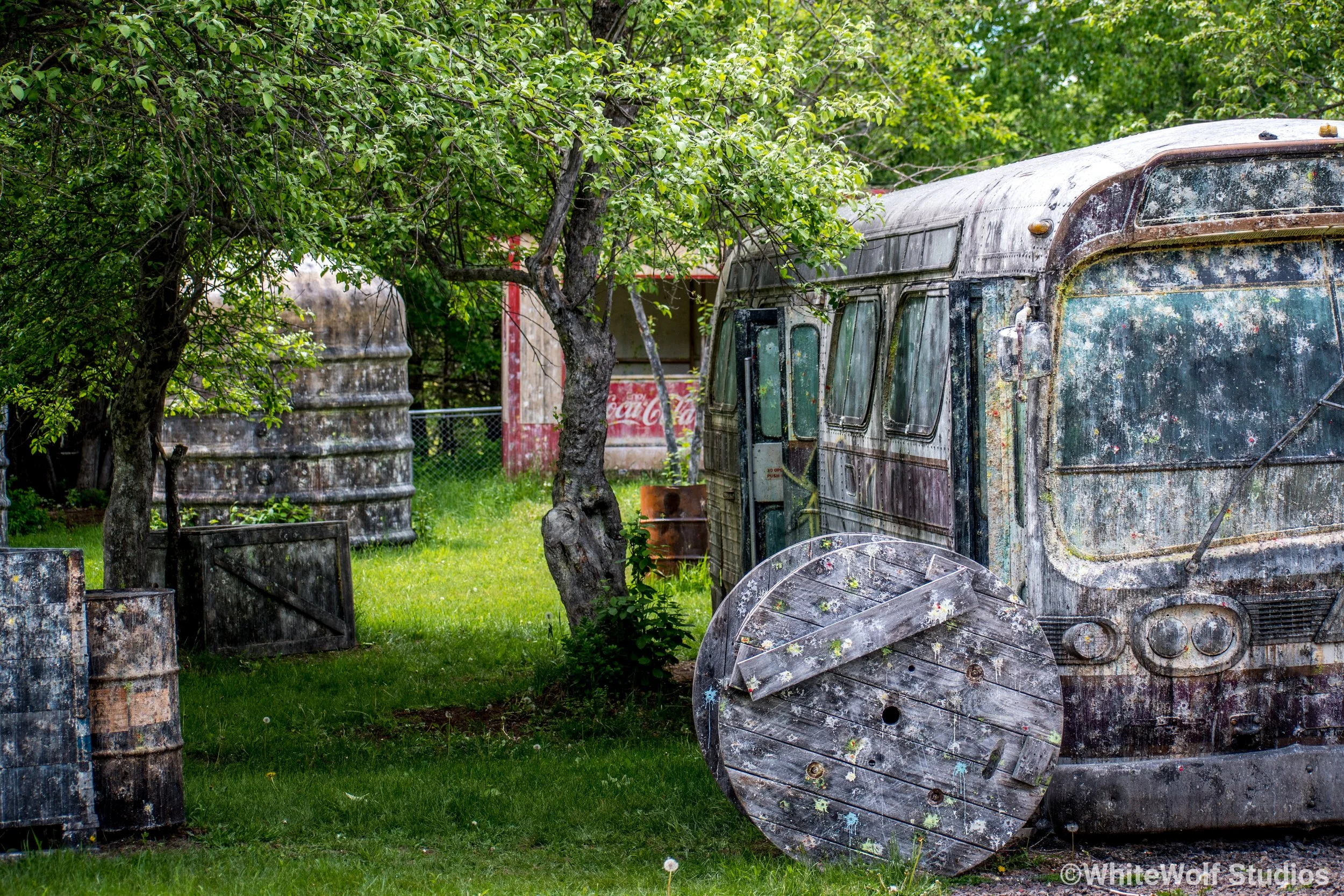 Old, weathered trailer and metal barrels in a grassy area with trees and a fence in the background.