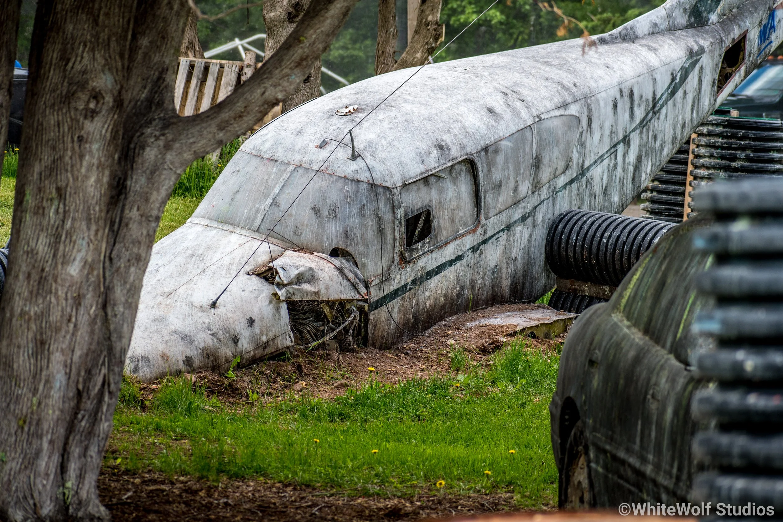 An abandoned, weathered airplane fuselage lying on the ground among grass and trees, with parts of the aircraft's structure visible.