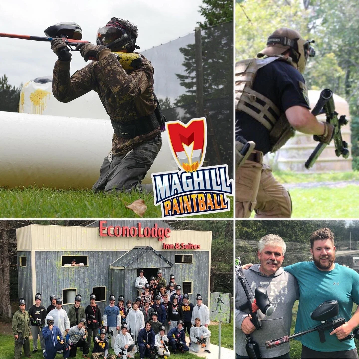 Collage of four photos related to outdoor activities and group events. Top left shows a person in camouflage gear kneeling and aiming a paintball gun at Machill Paintball logo. Top right features a person in tactical gear holding a rifle in a wooded 