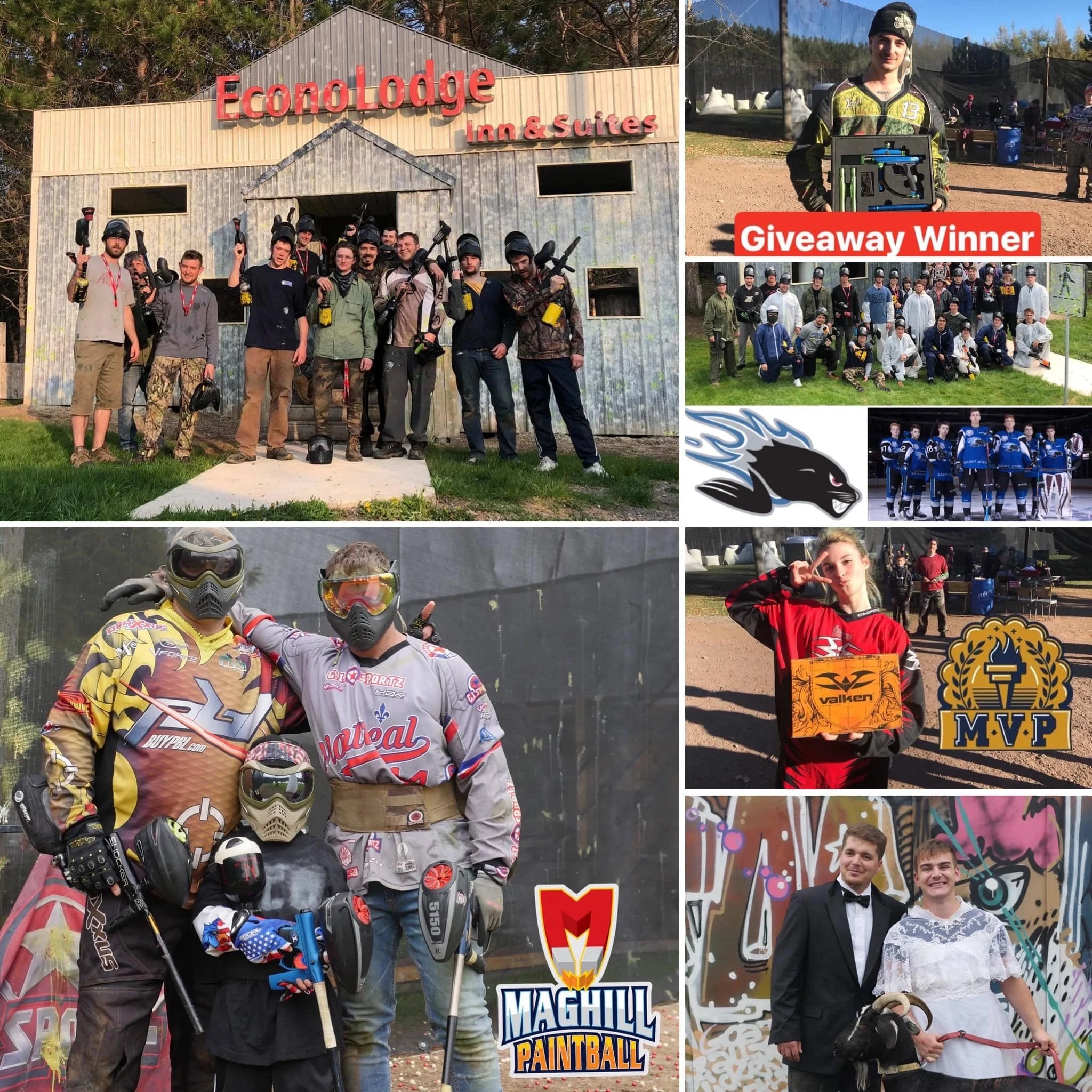 Collage of people celebrating at paintball and hockey events, with group photos and individual portraits, including a person holding a paintball gun and a young man dressed in a tuxedo.