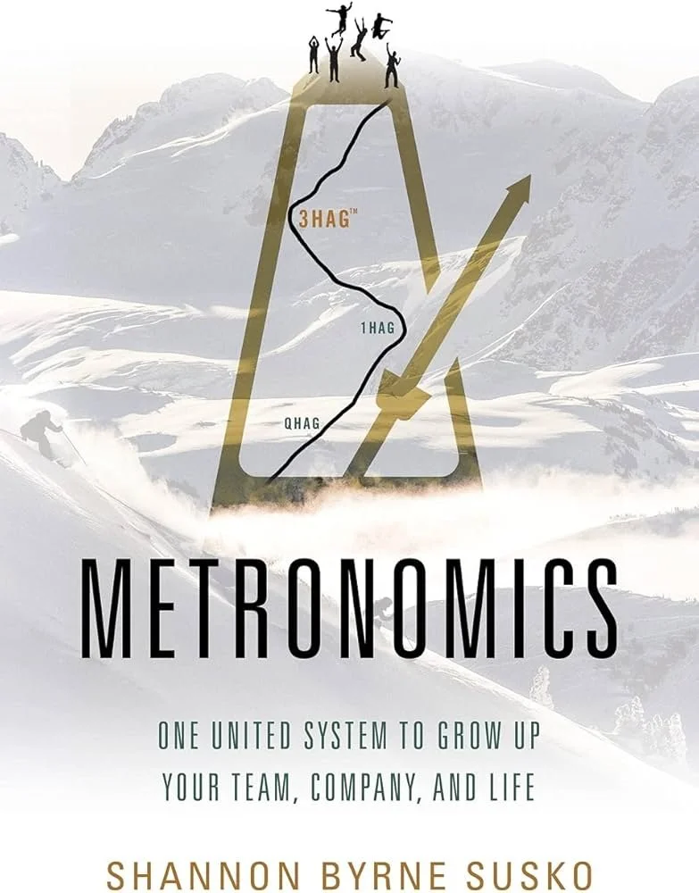 Book cover titled "Metronomics" by Shannon Byrne Susko with a mountain background, a diagram with climbing sequences, and silhouettes of people at the top.