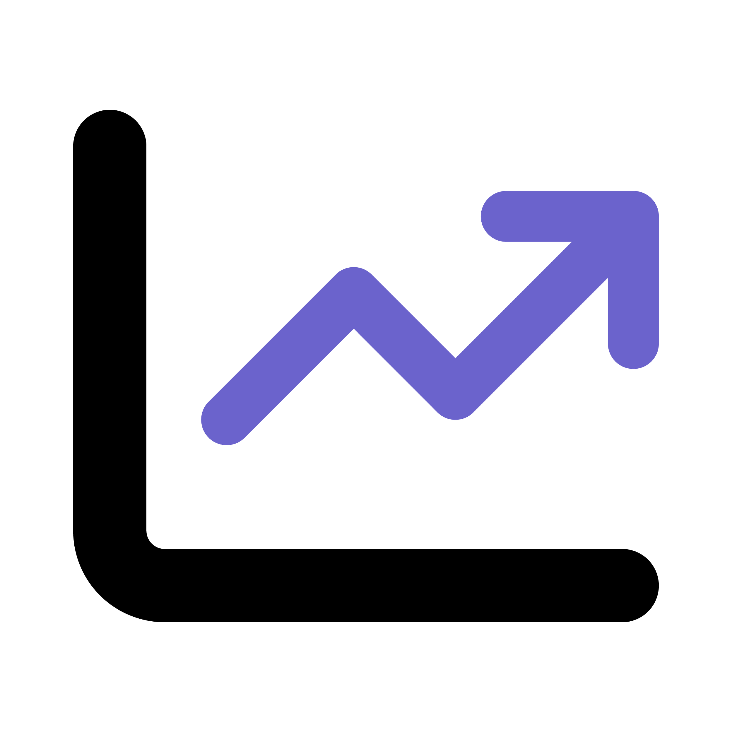 Stylized upward trending arrow icon, purple, on a black background.