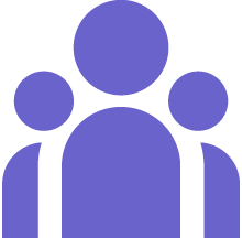 A group of five stylized human figures in purple, with two larger figures in the back and three smaller figures in front.