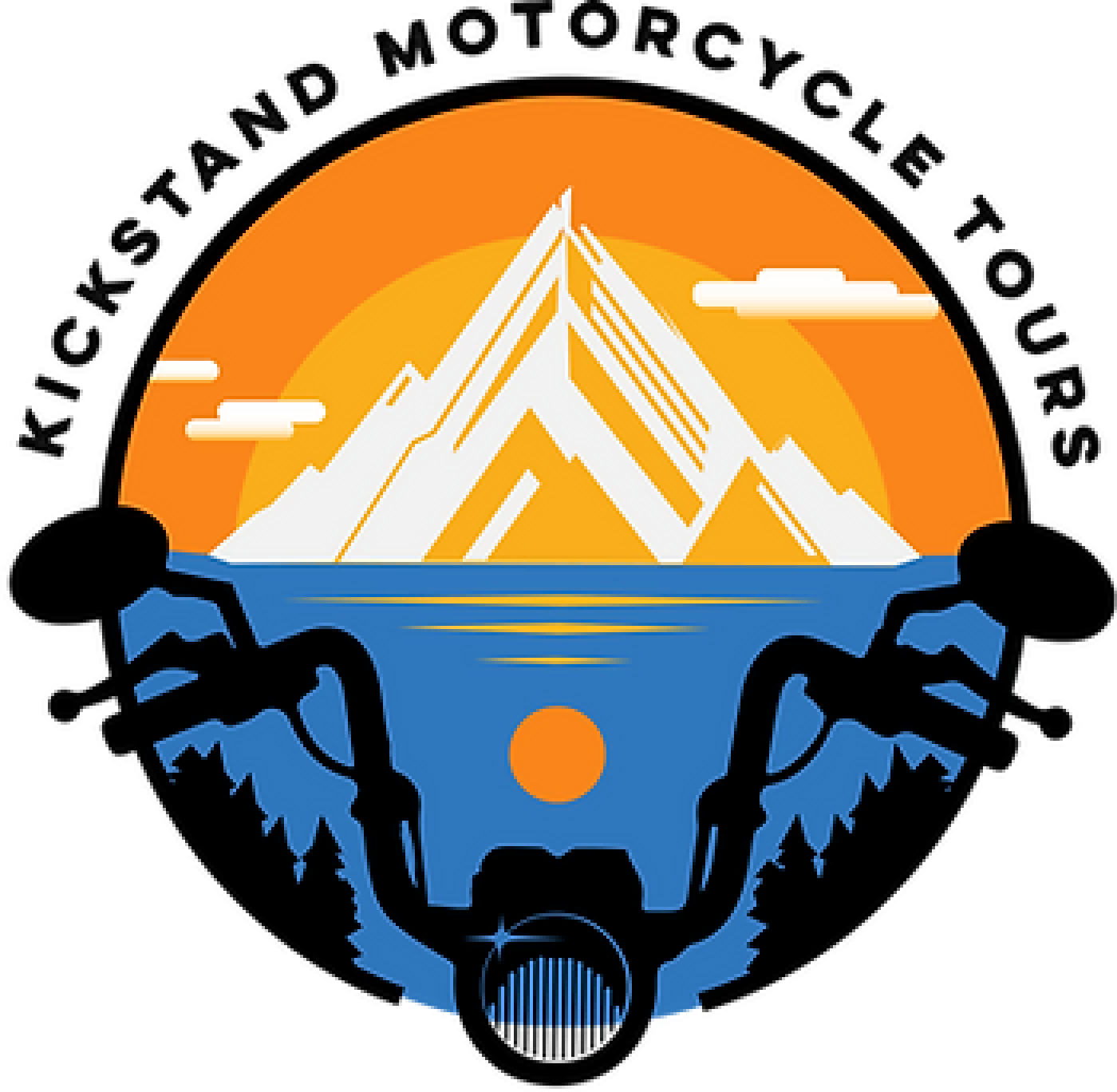 Stylized Kickstand Motorcycle Tours logo featuring a mountain, sunset, water, and a skull with tree branch details.