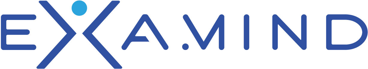 The logo for EXAMIND in blue and black