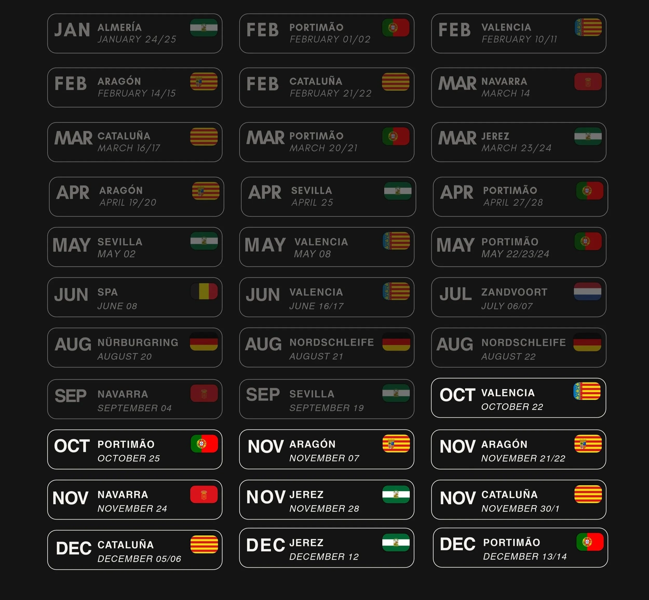 A calendar showing the months from January to December with dates and flags of different Spanish regions.