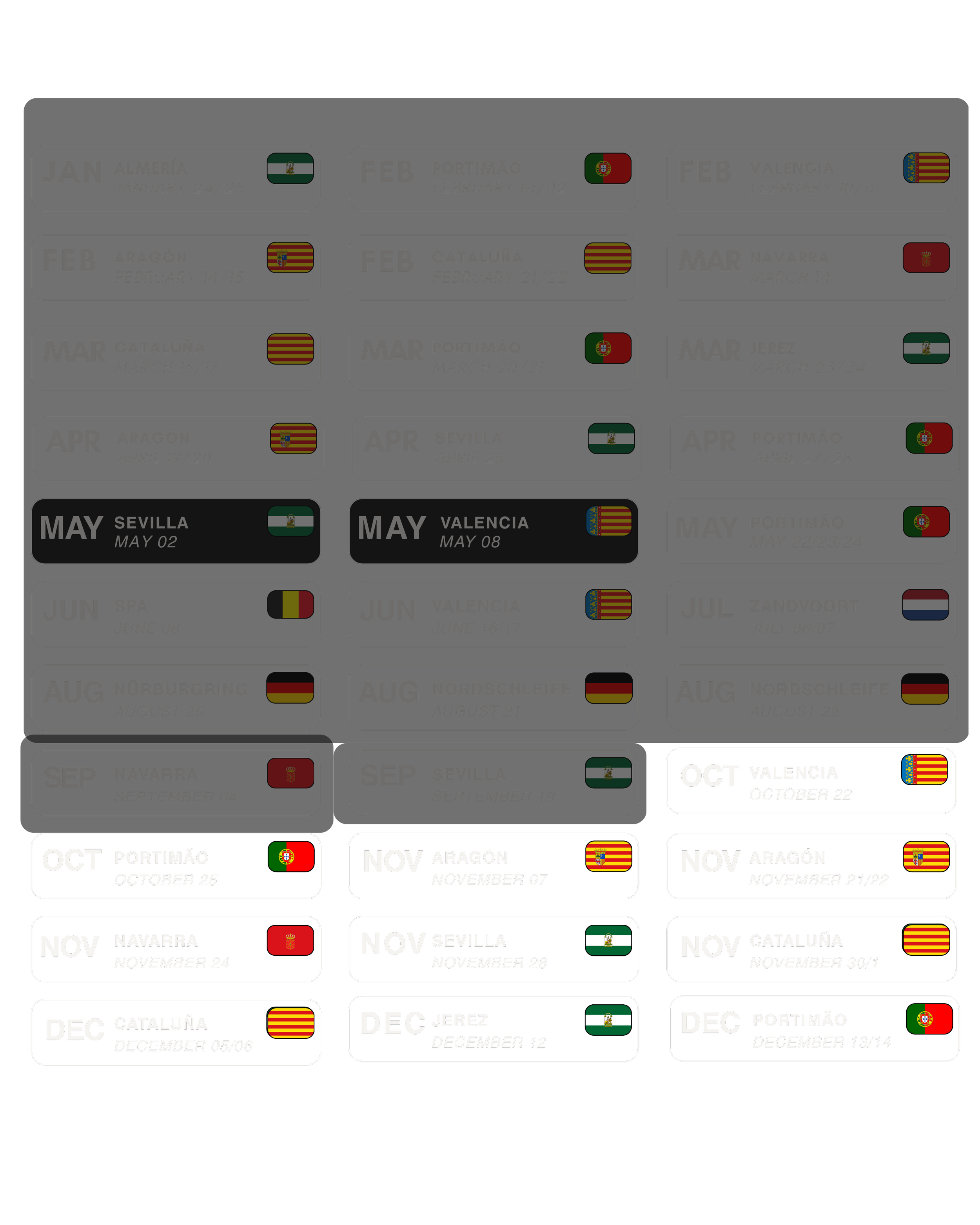 A color-coded calendar showing race event dates and locations across Spain from January to December, with flags of Spain and various regions.
