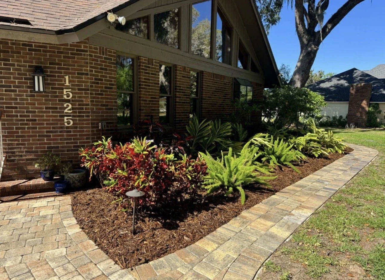 Front yard of a brick house with a landscaped garden with various green plants and bushes, bordered by a curved stone walkway, under a clear blue sky.