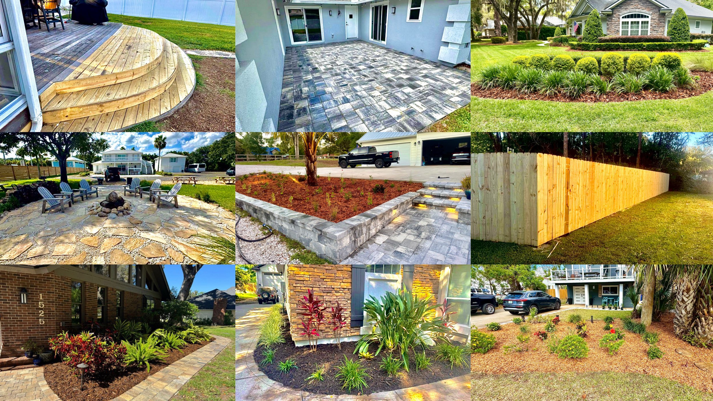 Collection of various backyard and garden landscaping and hardscaping features including decks, patios, gardens, fences, fire pits, and outdoor furniture.