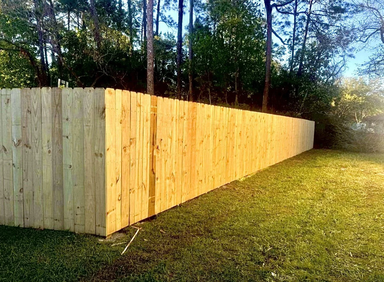 A newly built wooden fence in a backyard with trees in the background and sunlight shining on it.