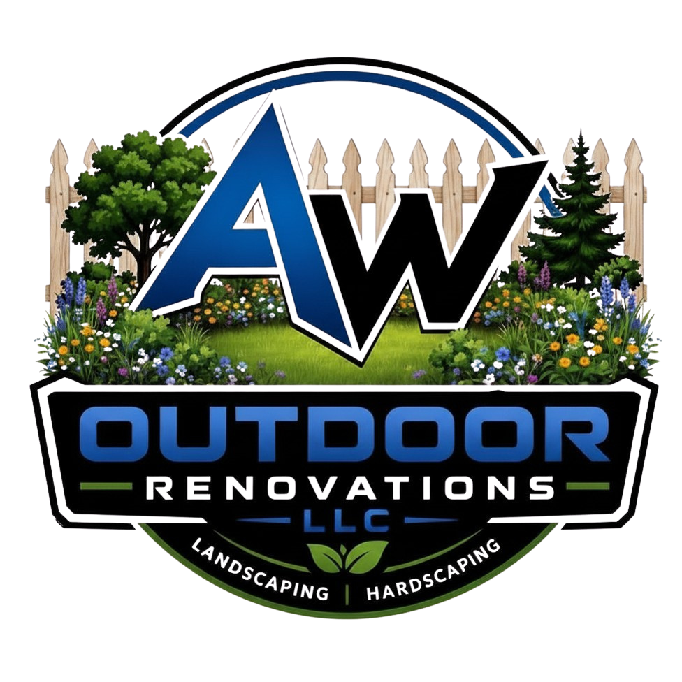 Logo for Outdoor Renovations LLC featuring large 3D letters 'A' and 'W' with a garden, trees, and a wooden fence in the background.