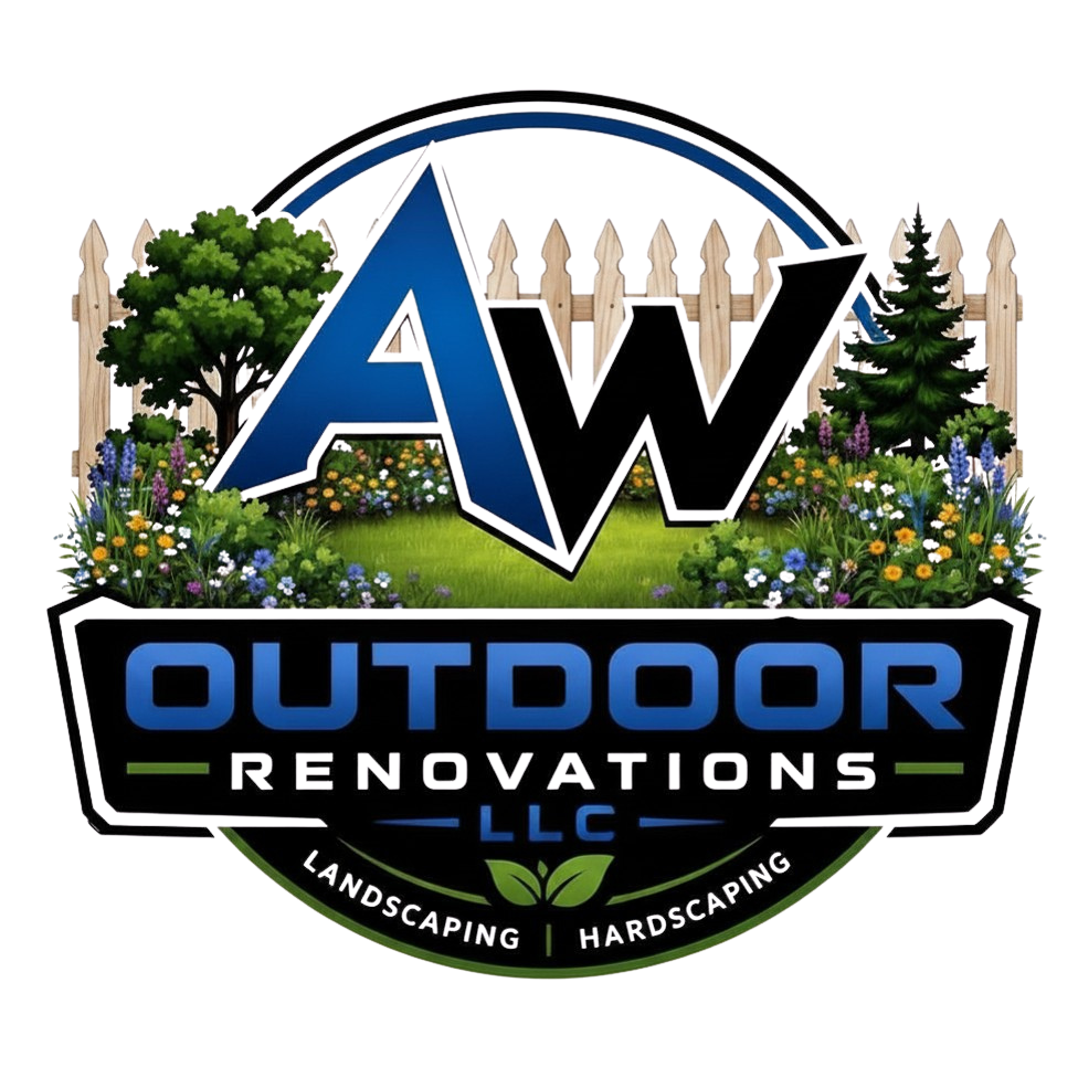 Logo for A&W Outdoors Renovations LLC featuring a blue and black 'A' and 'W' with a garden background, trees, and a wooden fence, with the company name and services for landscaping and hardscaping.