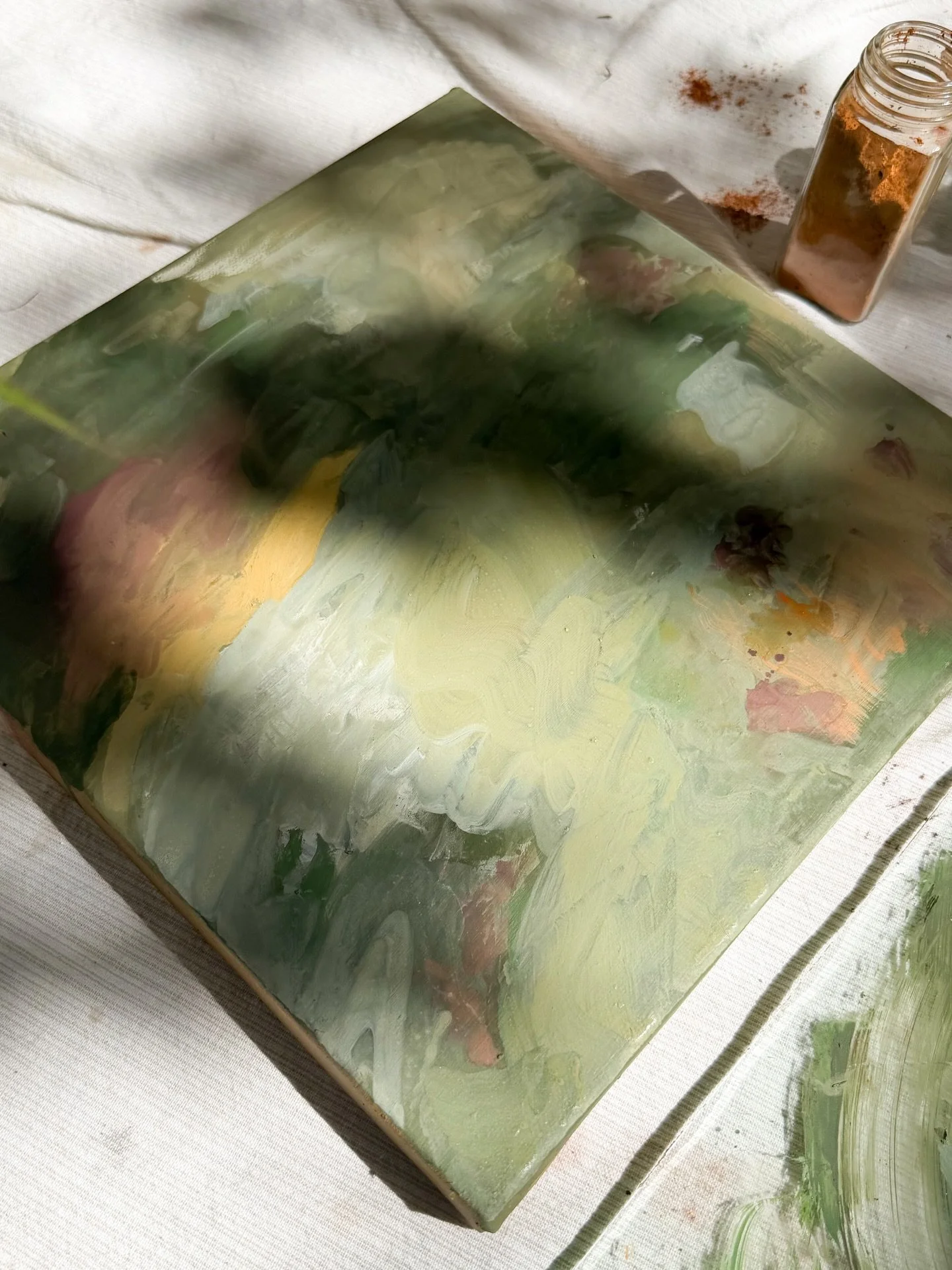 exploring a sense of restfulness and peace through this palette as i seek to capture the essence of Psalm 23 in abstract form ✨

in this upcoming body of work, i&rsquo;m using raw earth pigments on canvas to reflect a sense of calm, grounded presence