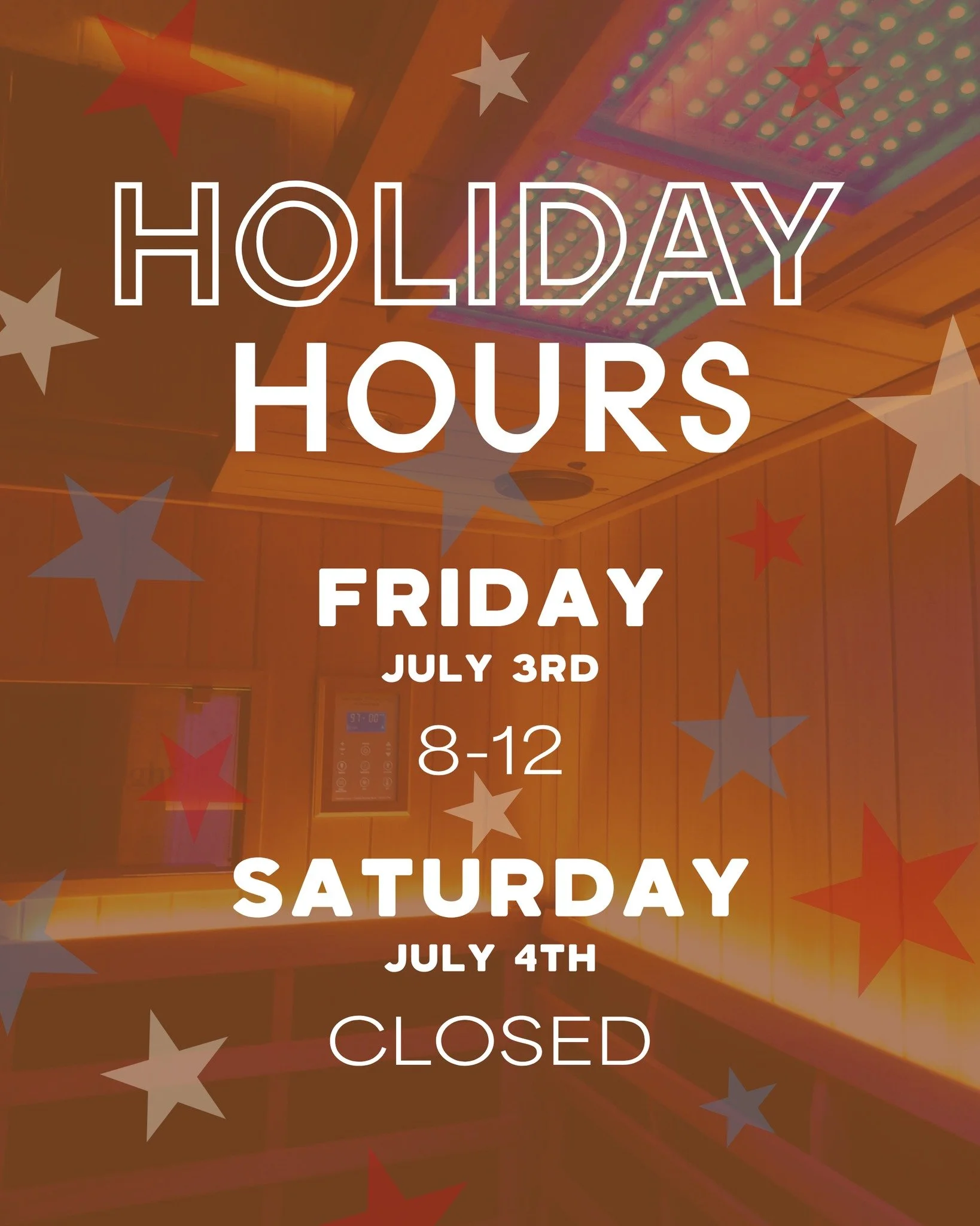 The 4th of July is calling, and we'll be taking a little break too.

Holiday hours:
Friday, July 3: 8 AM&ndash;12 PM
Saturday, July 4: Closed

If you're planning to kick off the weekend with a session, now's a good time to book. Have an amazing Fourt