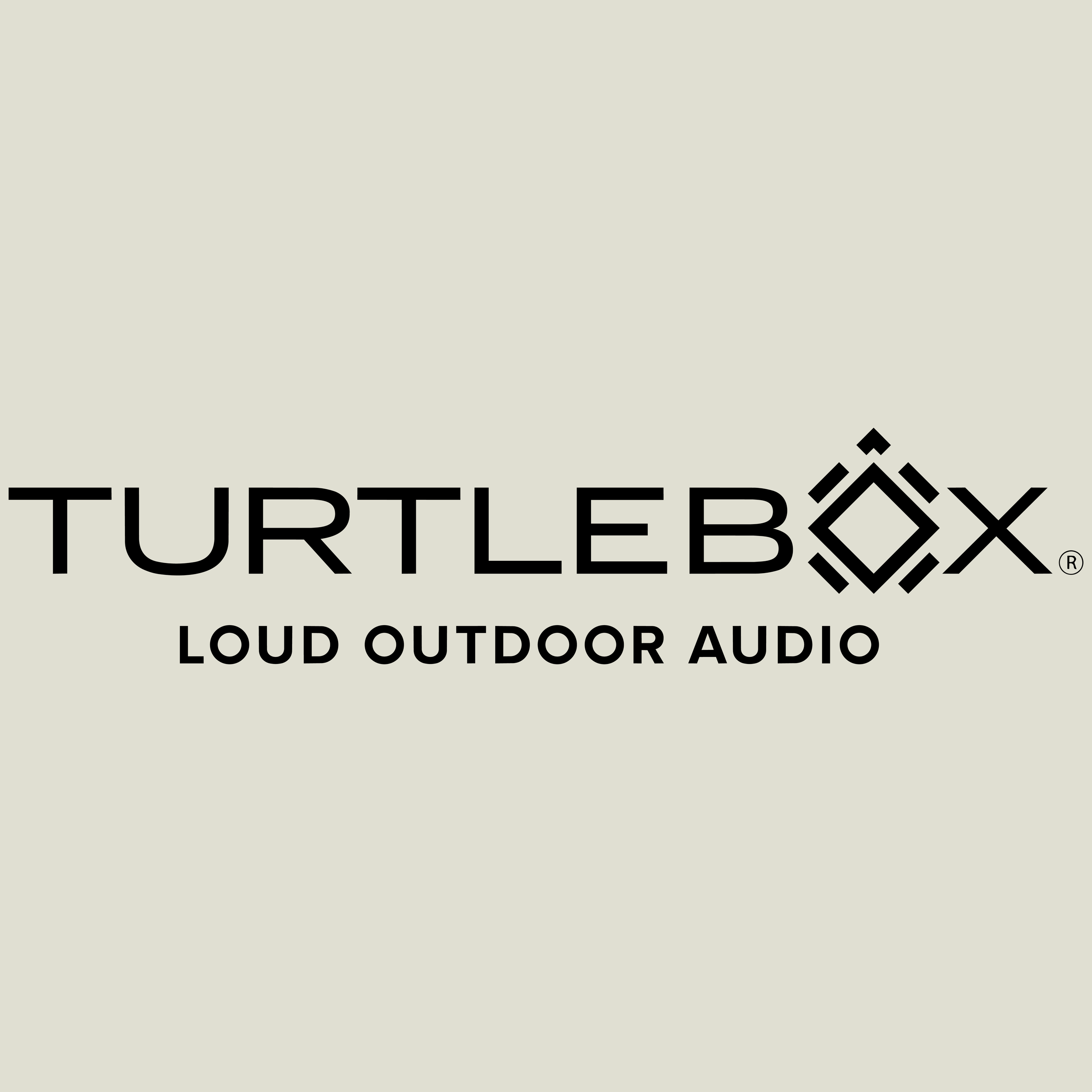Turtle Beach logo with black stylized tree and mountain icon, and the text 'TURTLE BEACH' in bold black letters, indicating outdoor loudspeaker audio brand.
