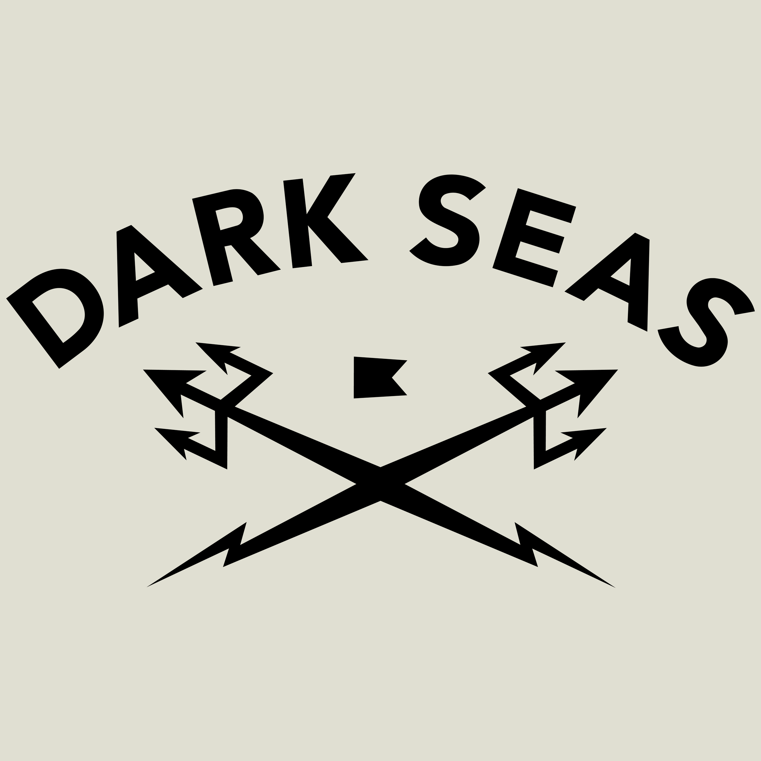 The image features a circular arrangement of black arrows pointing outward from the center, with the phrase 'DARK SEAS' in bold black letters curved along the inside of the circle. The background is a light, solid color.