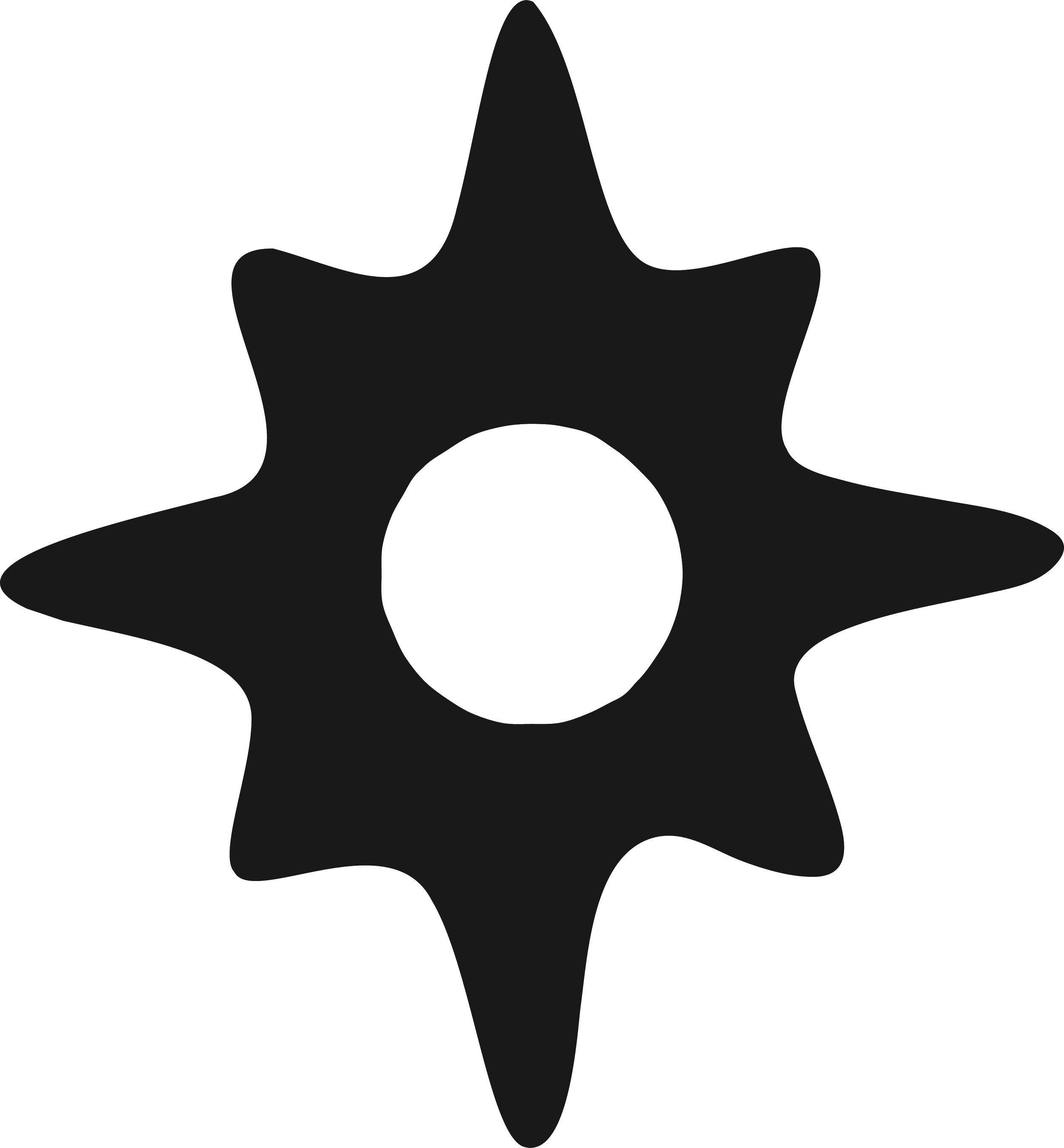 Black star shape with a circular cutout at the bottom, featuring a large white number '1' inside.