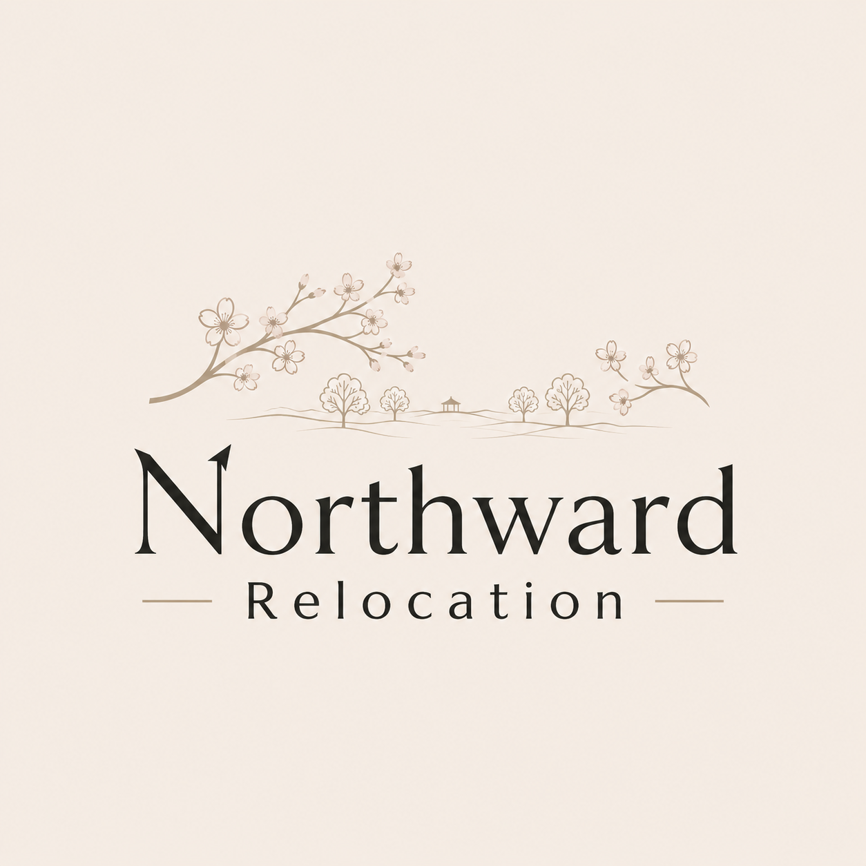 Company logo for Northward Relocation featuring cherry blossom branches, trees, and a small pagoda-style building in the background.