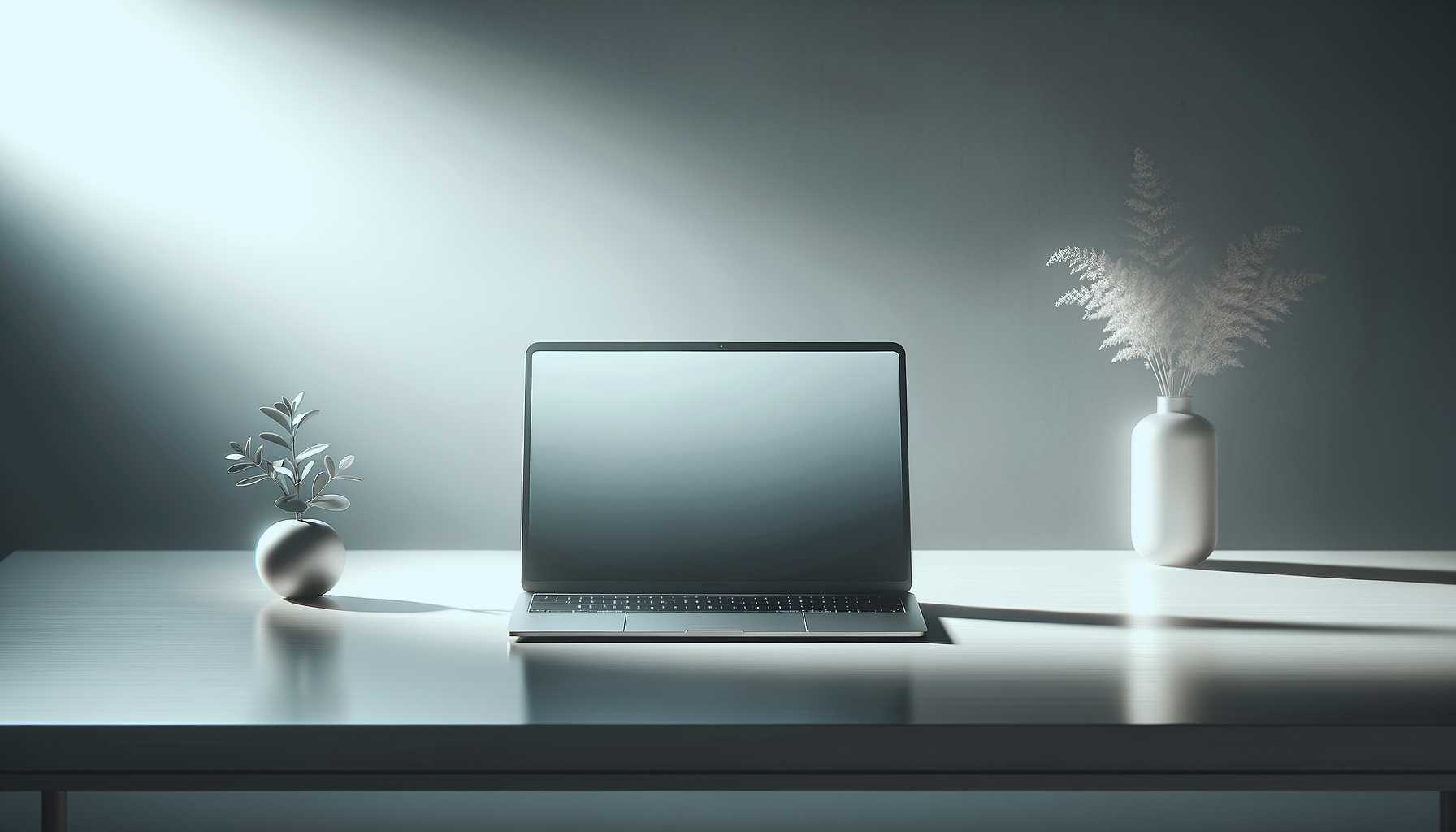 Minimalist workspace with a laptop on a white desk, flanked by two white vases with plants, in a softly lit room with gray walls