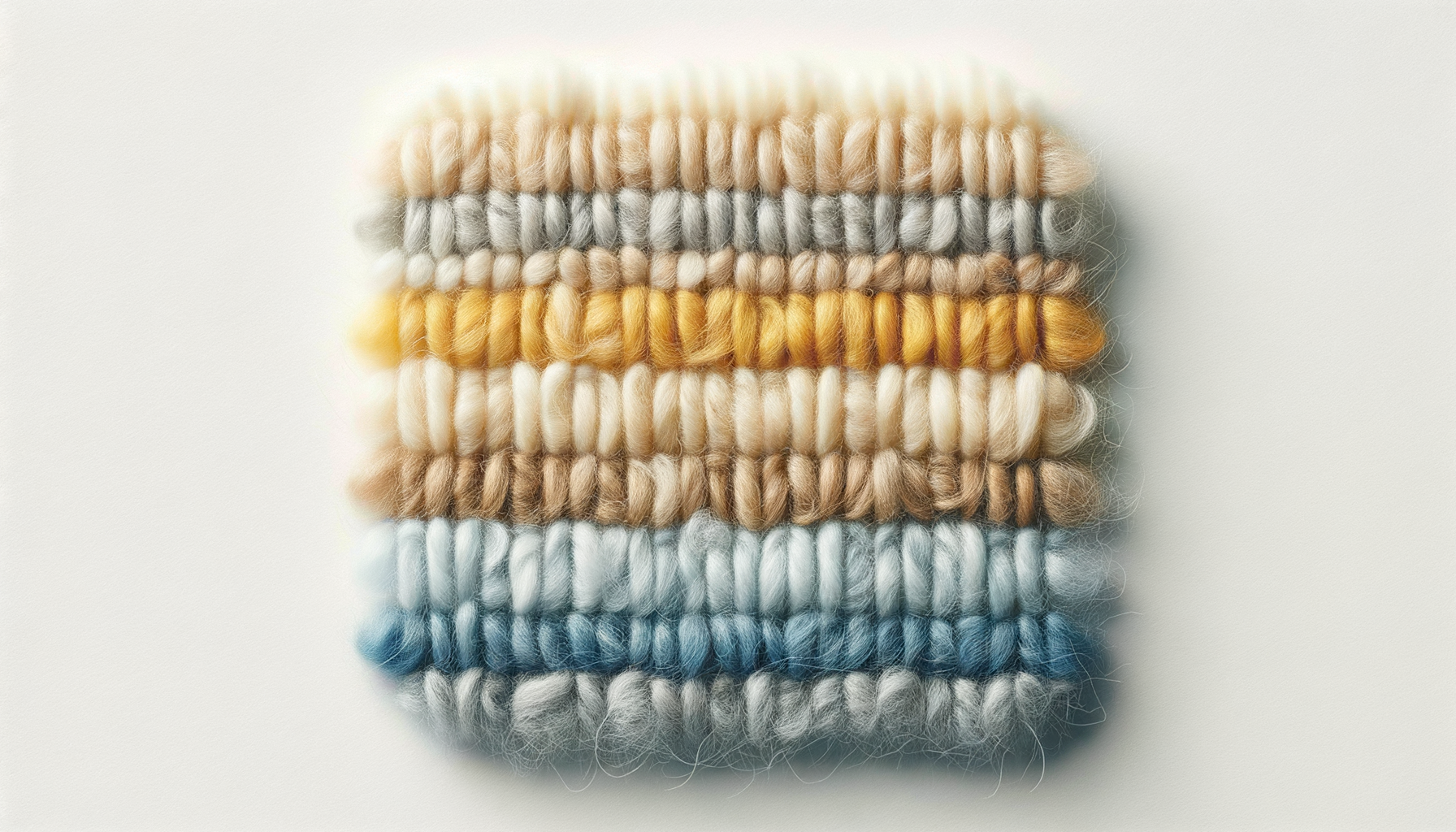 A close-up of a multicolored yarn sample with horizontal yarn loops in various pastel shades, including beige, gray, yellow, off-white, brown, and blue, arranged on a white background.