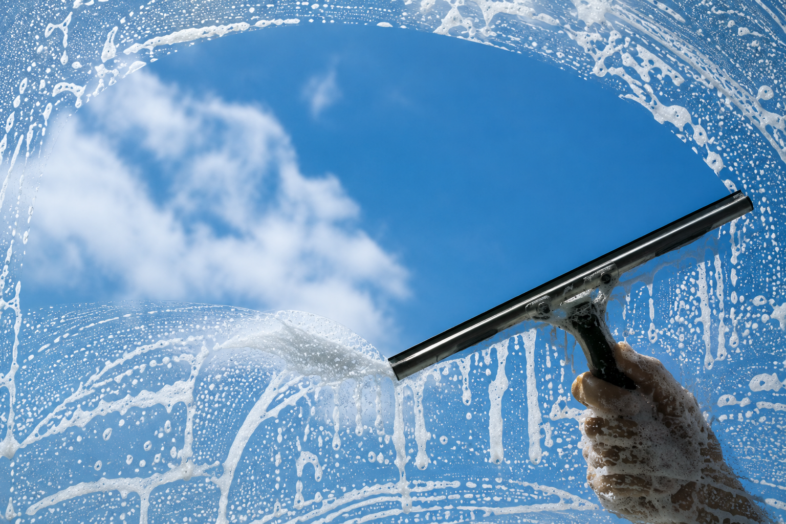 Professional window cleaning with a squeegee leaving streak free glass and crystal clear windows.