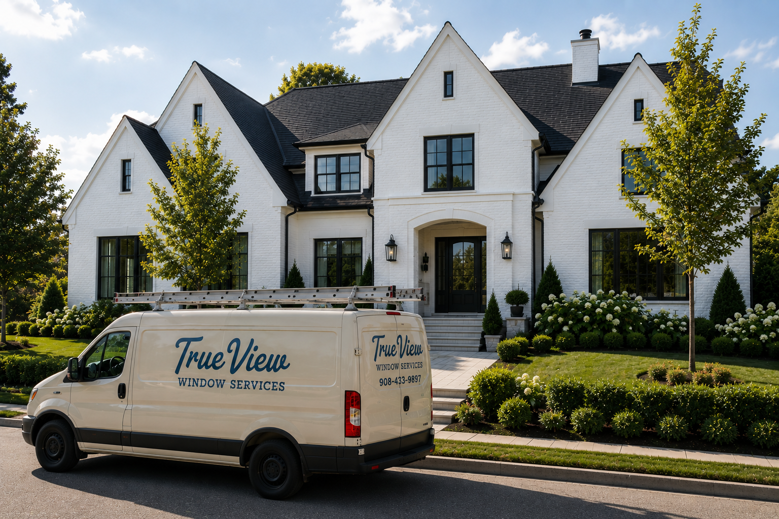 True View Window Services van parked outside a luxury home before residential window cleaning in Monmouth County, NJ.