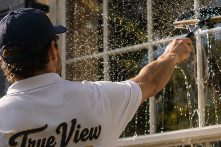 True View Window Services technician cleaning a residential window with a squeegee in Monmouth County, New Jersey.