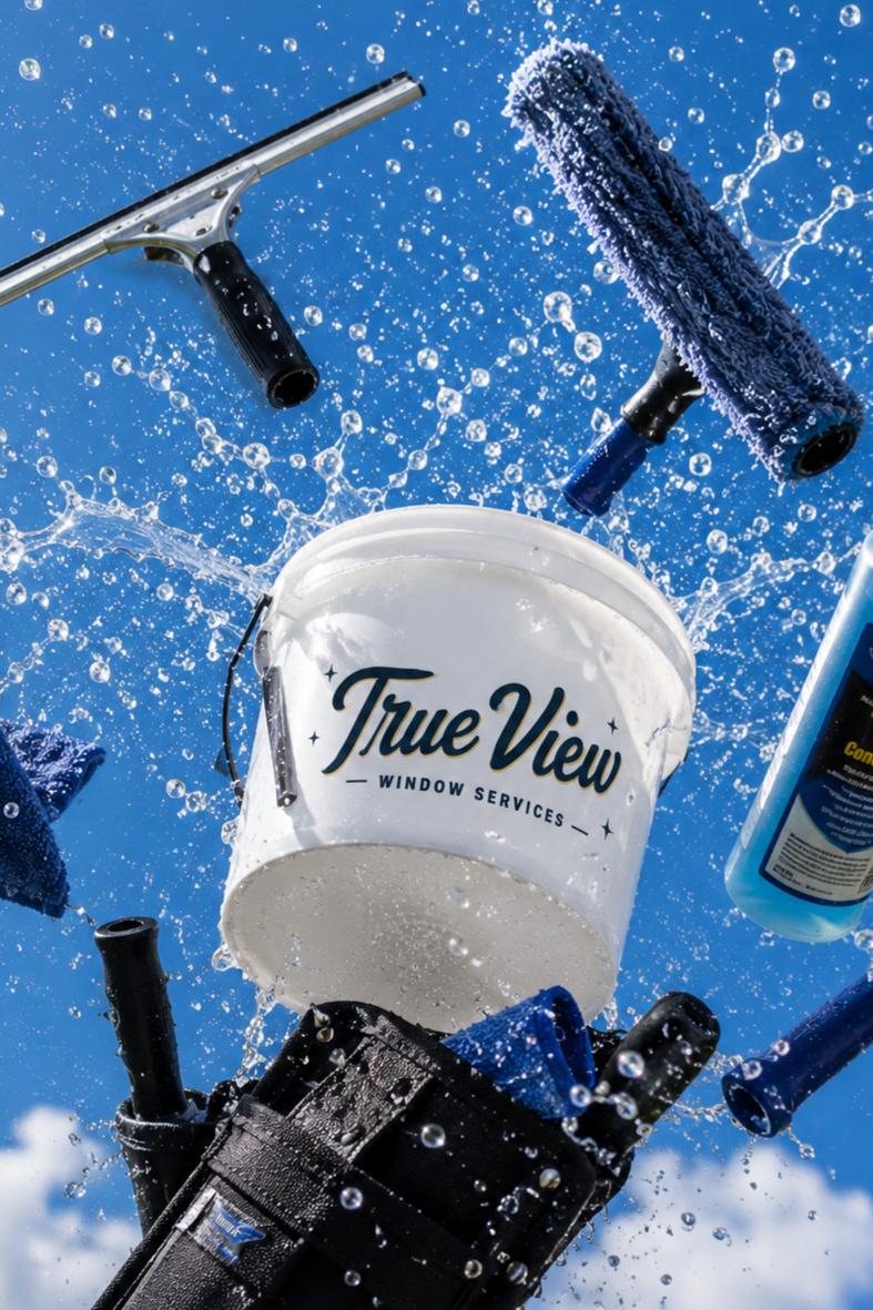 Professional window cleaning tools including squeegee, scrubber, bucket, and microfiber towel used by True View Window Services.