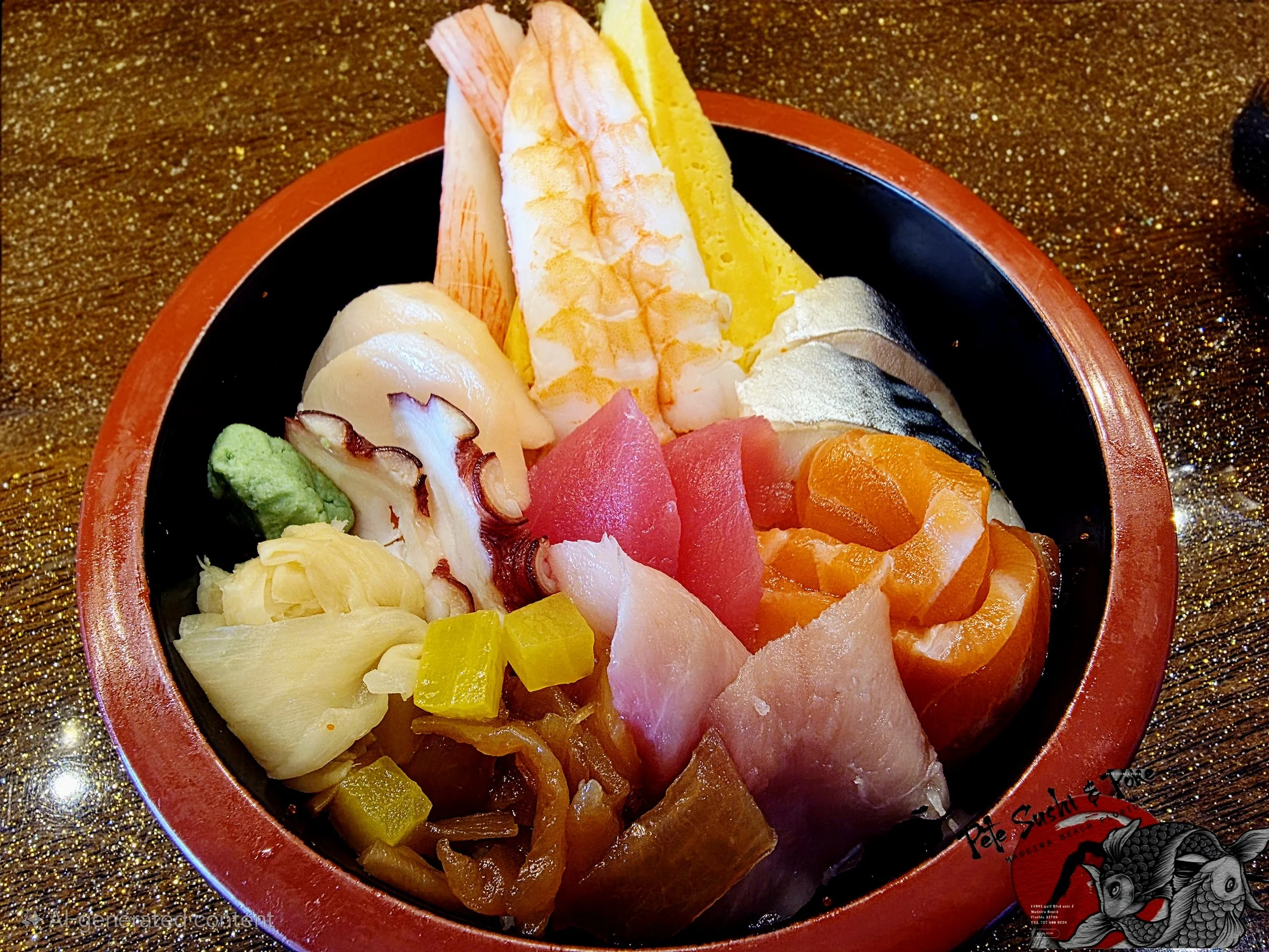 A bowl of assorted sashimi including shrimp, tuna, salmon, octopus, and other fish, along with wasabi, on a golden, glittery table.