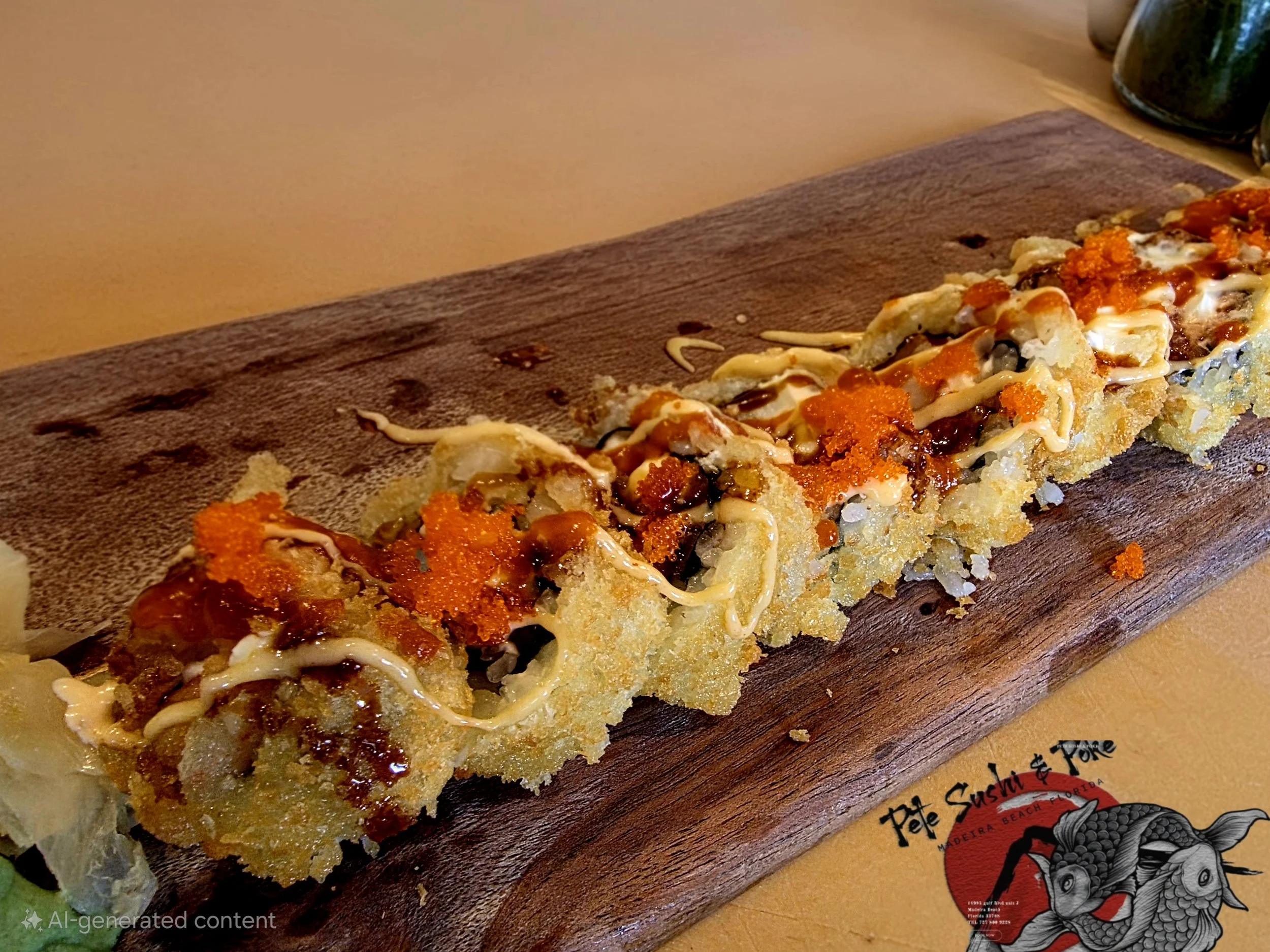 Close-up of a slice of sushi pizza topped with spicy mayo, fish roe, and seaweed on a wooden serving board.