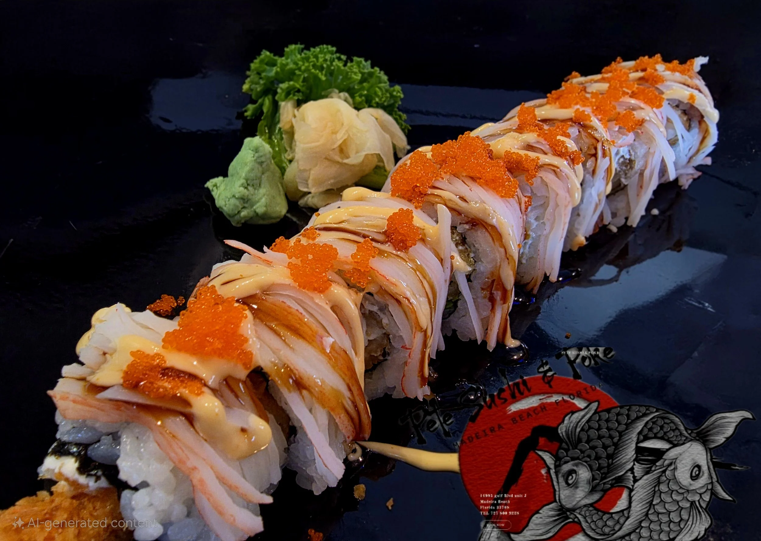 Sushi roll with orange fish roe, drizzled sauces, accompanied by wasabi, ginger, and lettuce on a black plate.