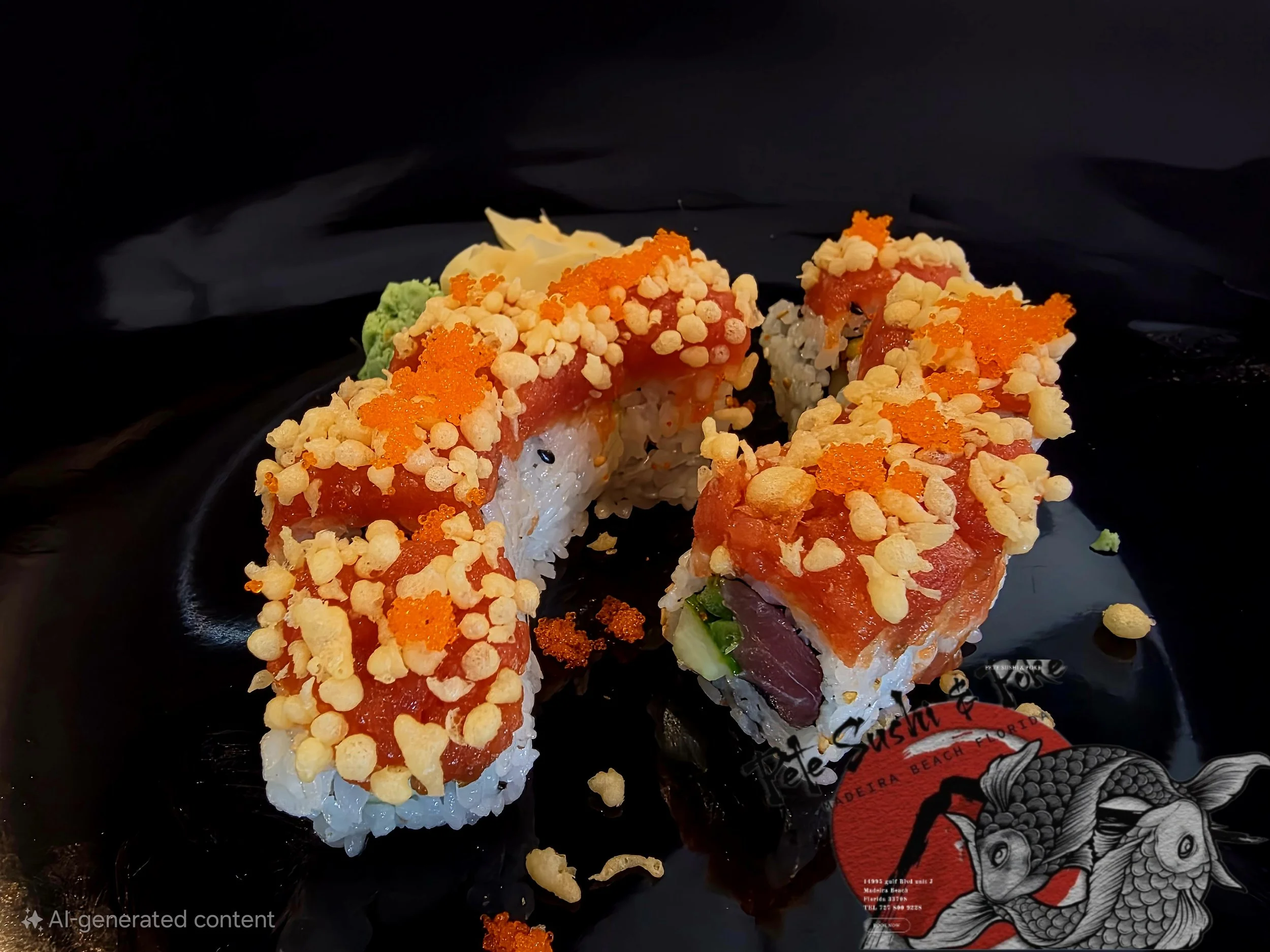 Close-up of four sushi rolls topped with orange fish roe, crunchy tempura flakes, and drizzled with a sauce. The sushi is served on a black plate with a decorative paper underneath.
