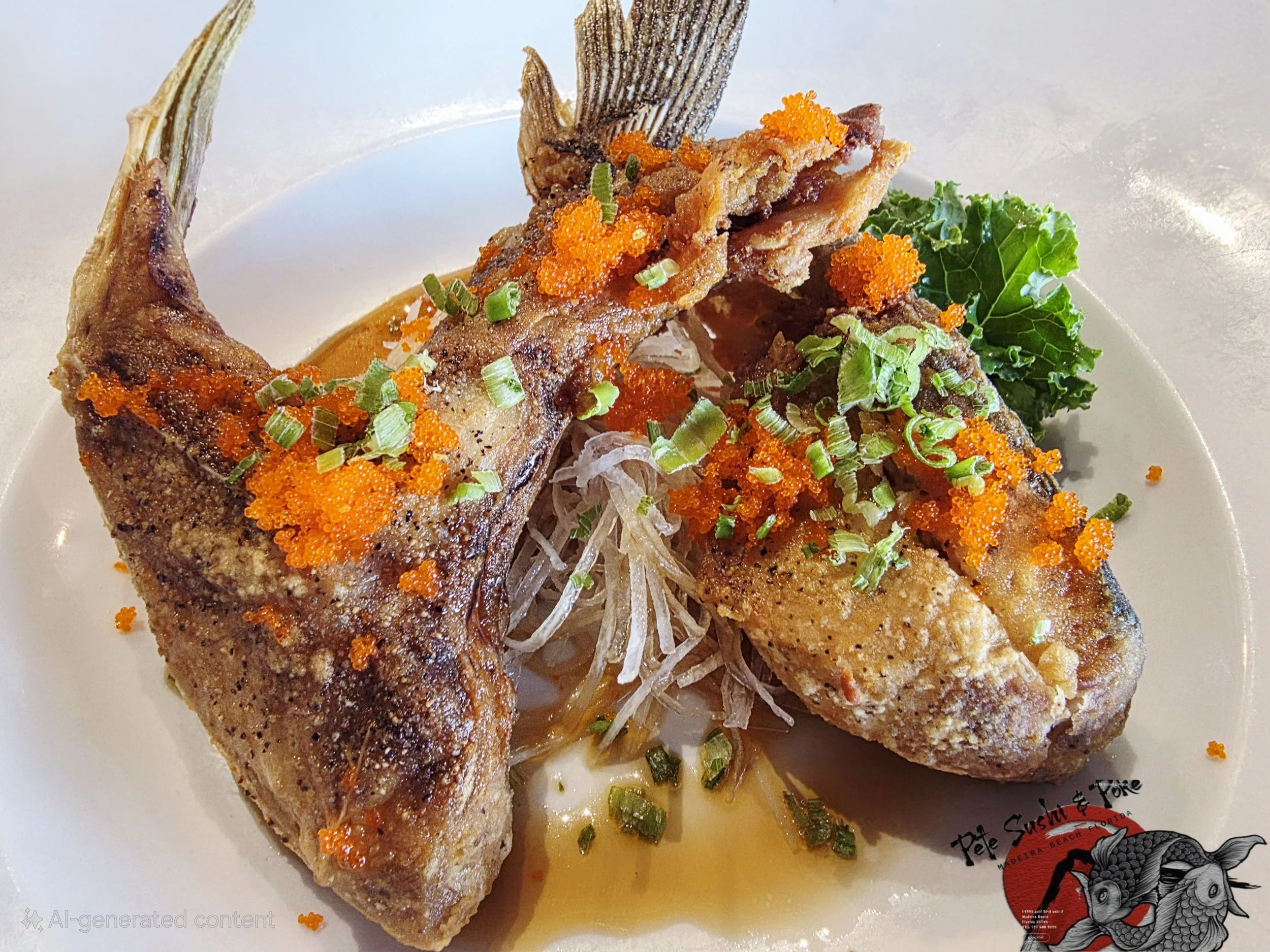 Close-up of two fried fish fillets topped with orange fish roe and chopped green onions, garnished with curly kale, served on a white plate with a drizzle of sauce and shredded vegetables.