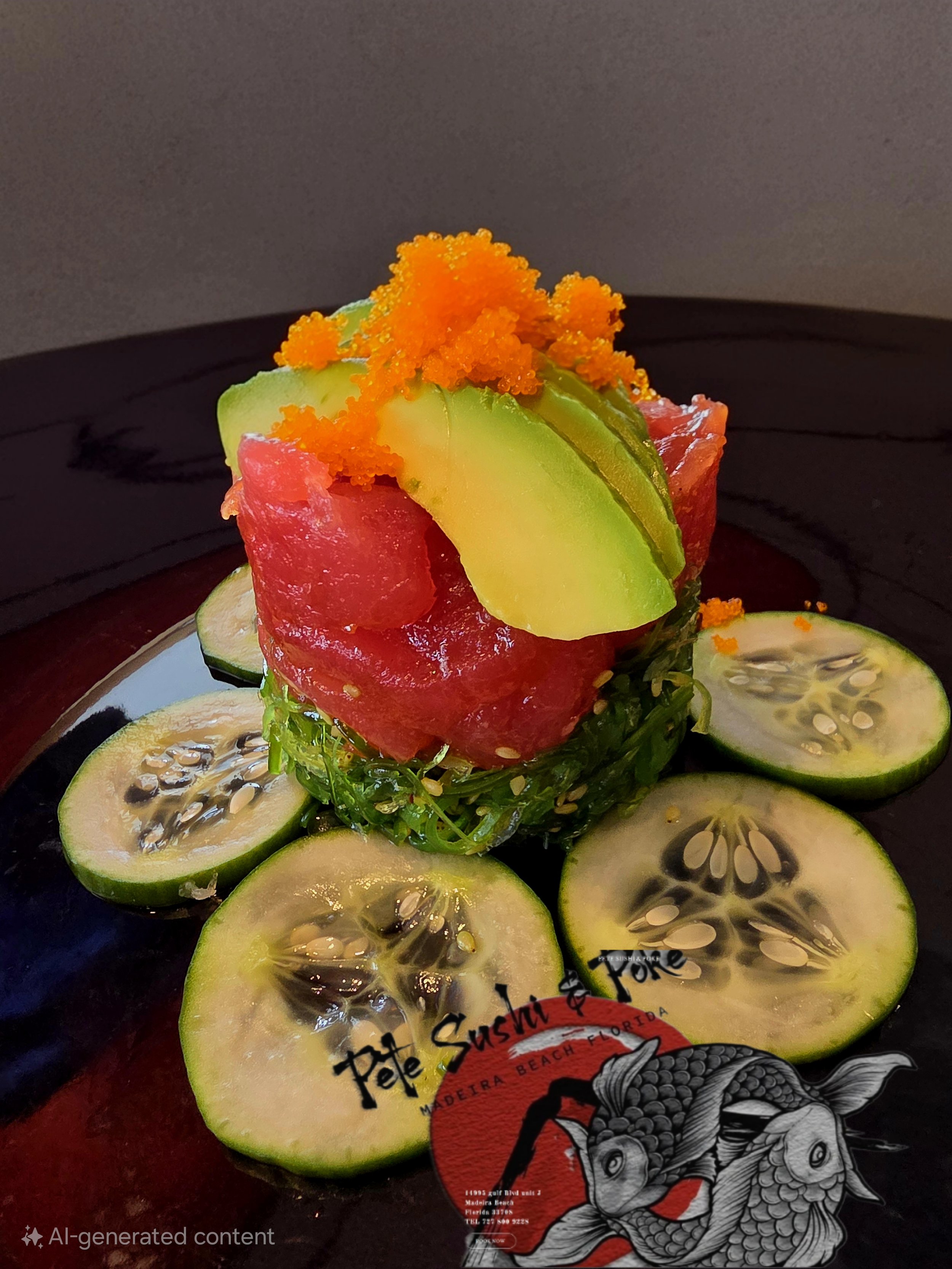 A close-up of a sashimi dish with slices of fish on top of vegetables, garnished with orange fish roe, served on a black plate with slices of cucumber arranged around it.