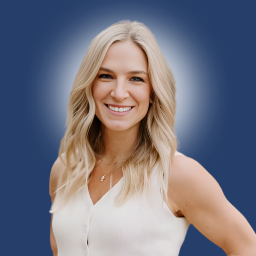Lindsay Thornham wearing a white sleeveless top, standing against a blue background.
