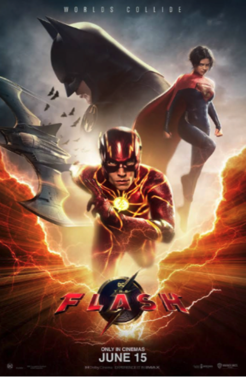 Movie poster for 'The Flash' featuring the Flash in the foreground, Batman in the background, and Supergirl flying above, with lightning and fiery effects, June 15 release date.