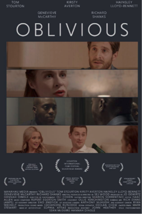 Movie poster for 'Oblivious' featuring four actors with a horizontal split design, with film festival awards listed beneath the title.
