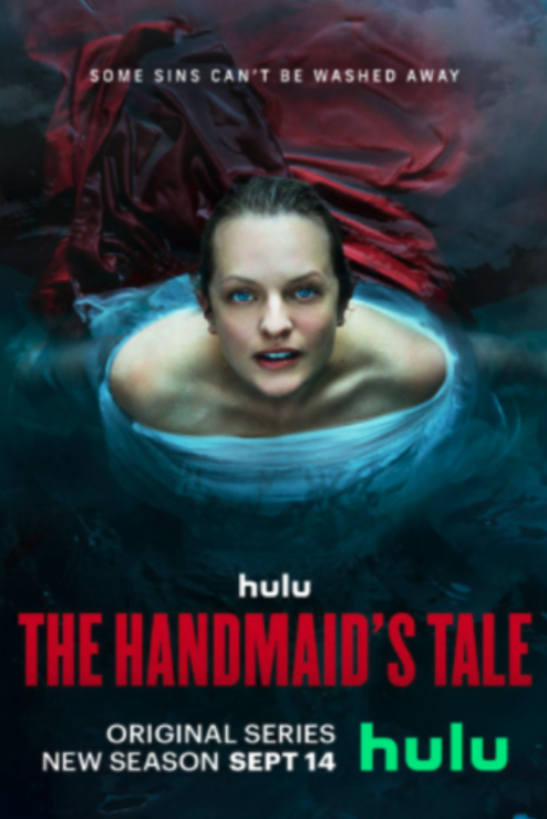 Promotional poster for the TV series "The Handmaid's Tale" featuring a woman with blue eyes emerging from water, wearing a red cape, with the tagline "Some sins can't be washed away," and the Hulu logo, advertising a new season premiering on September 14.