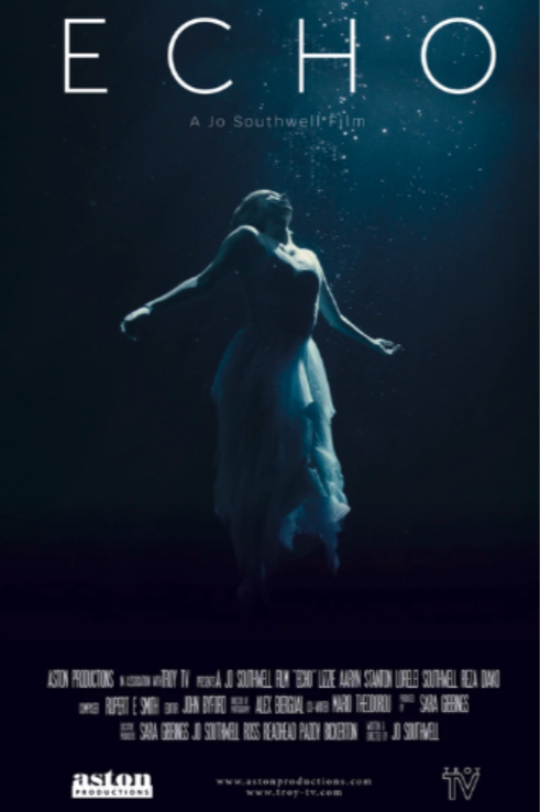 Film poster for 'Echo', featuring a woman submerged underwater with arms outstretched, wearing a flowing dress.
