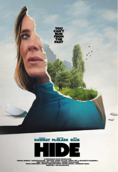 Movie poster for 'HIDE' showing a woman's face and a landscape with trees and a person, appearing as a torn image with the quote 'You can't run from the past'.