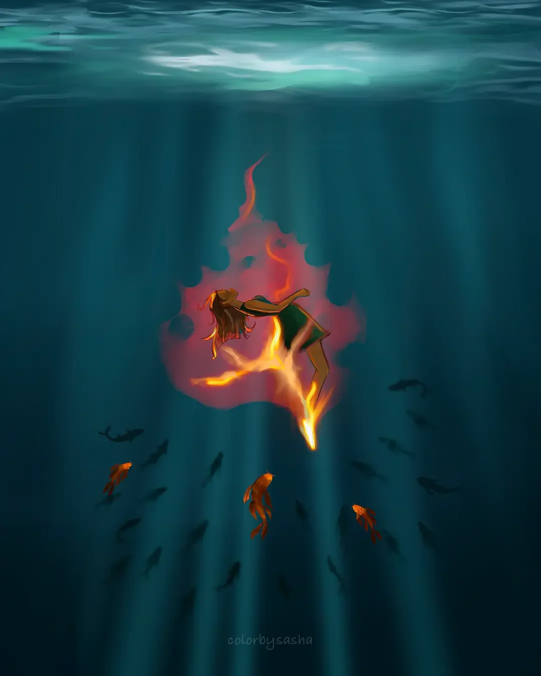 Fantasy anime illustration featuring a luminous underwater character, inspired by anime character drawing, digital art anime, and creative manga sketches.