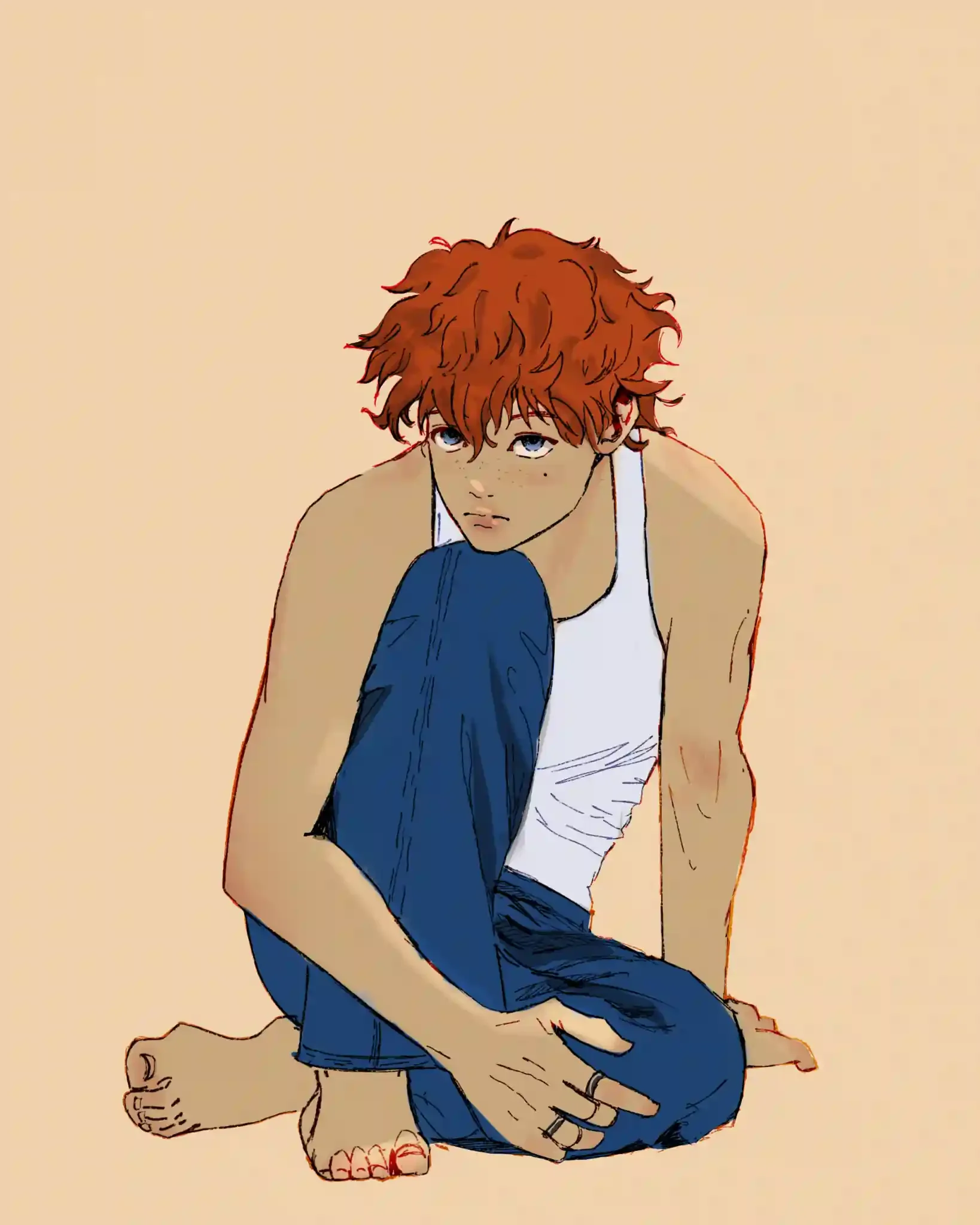 Full body anime drawing featuring a red-haired male character with expressive eyes and modern anime art style.