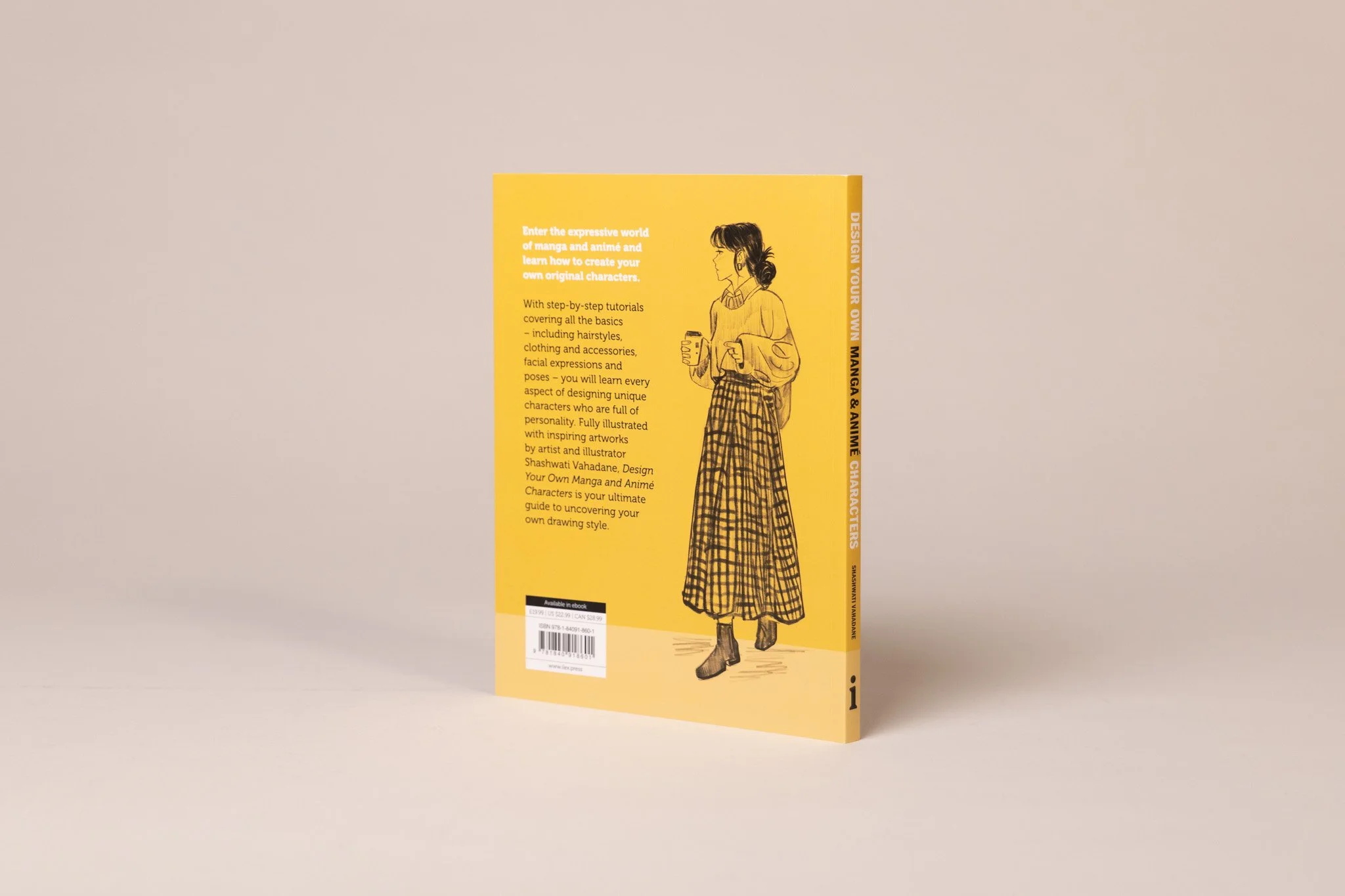 Yellow book cover featuring an illustrated woman holding a coffee cup, text about manga and anime character design tutorials.