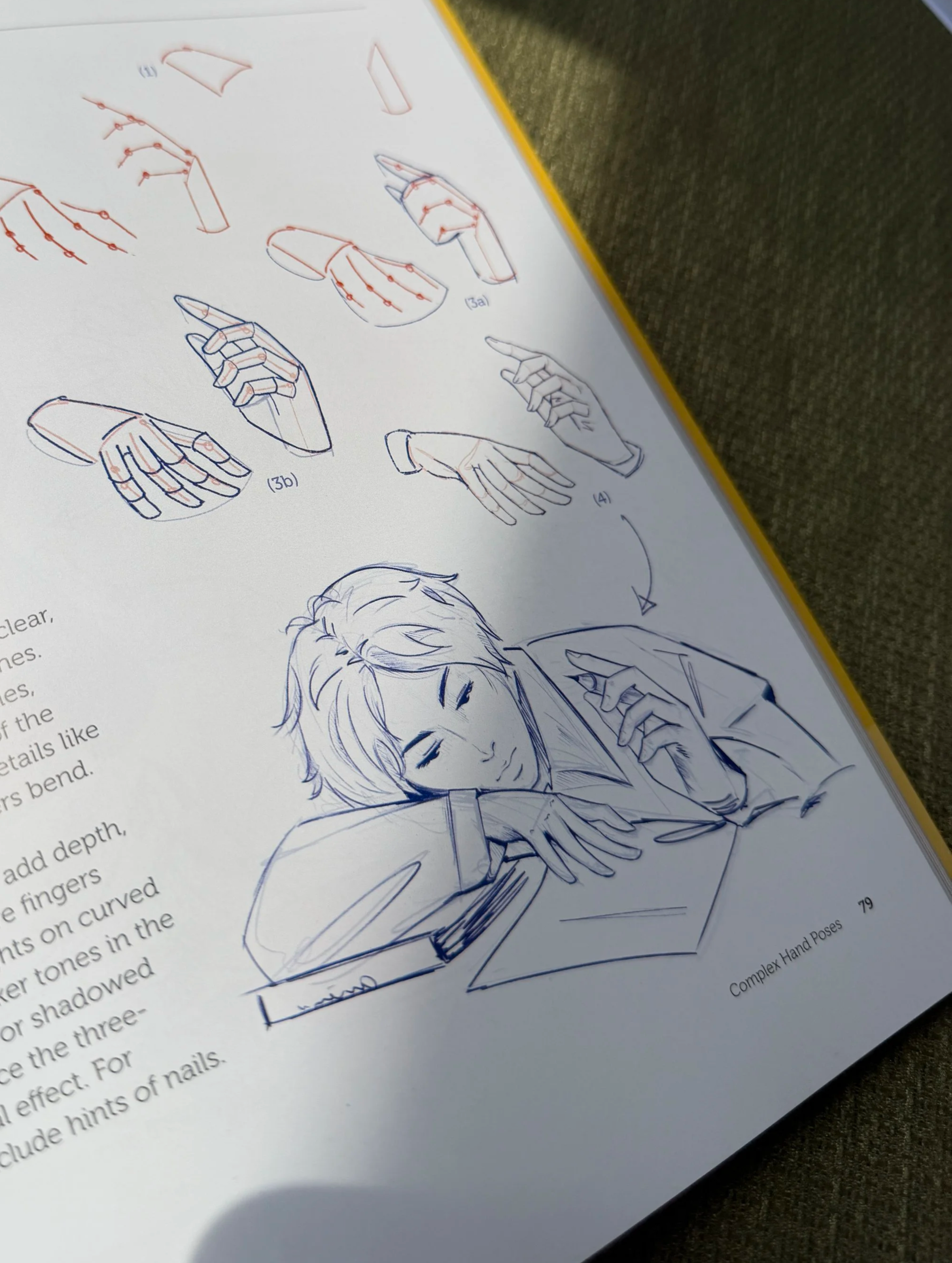 Line drawings of various hand poses on a page from a book or guide, with some colored in red and blue, depicting complete hand gestures and finger placements, and a partially illustrated face of a woman resting her head on her arm at the bottom of the page.