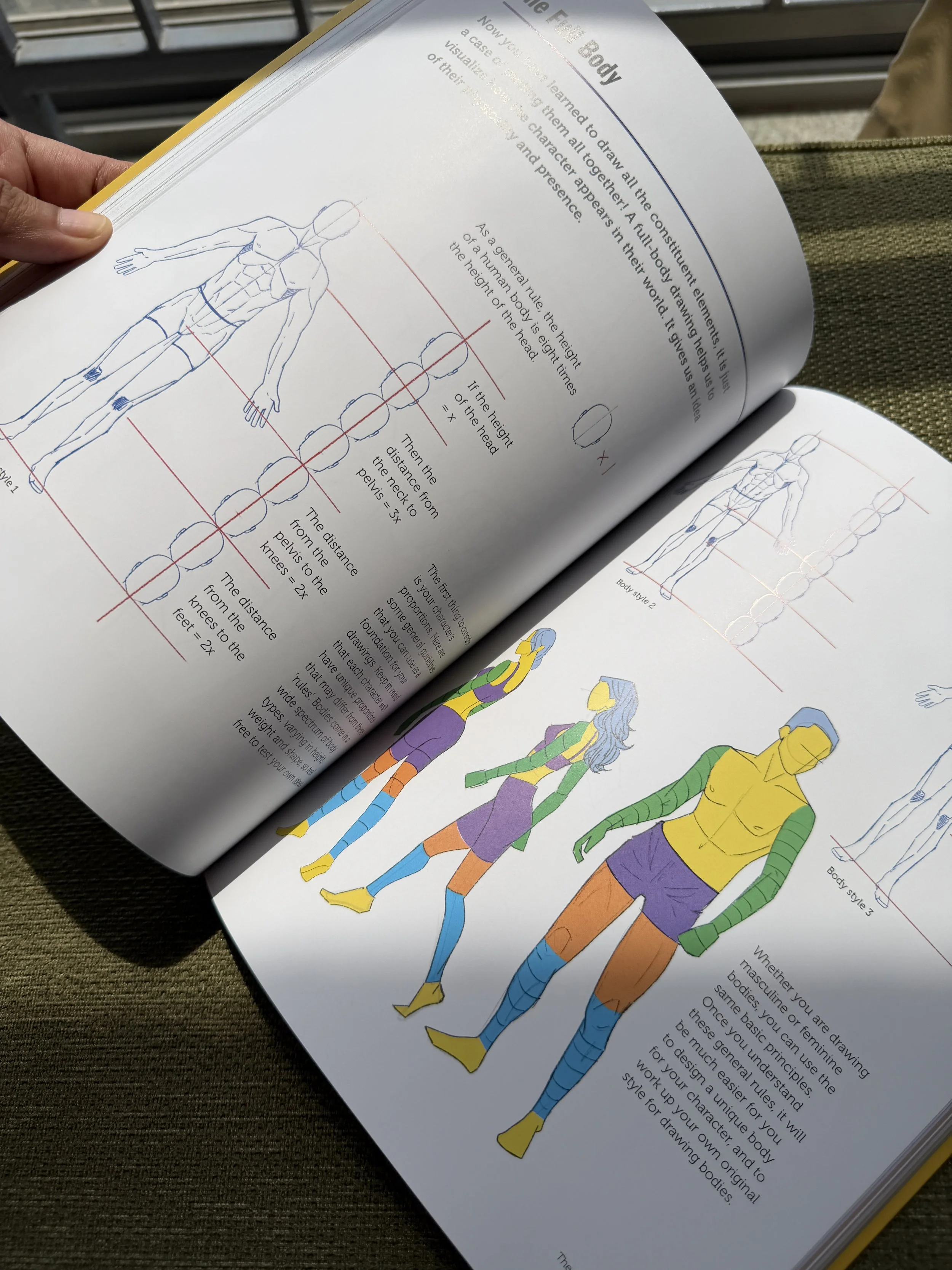 Open book displaying illustrations and instructions for drawing the human body in various poses, with color-coded body parts and measurements.