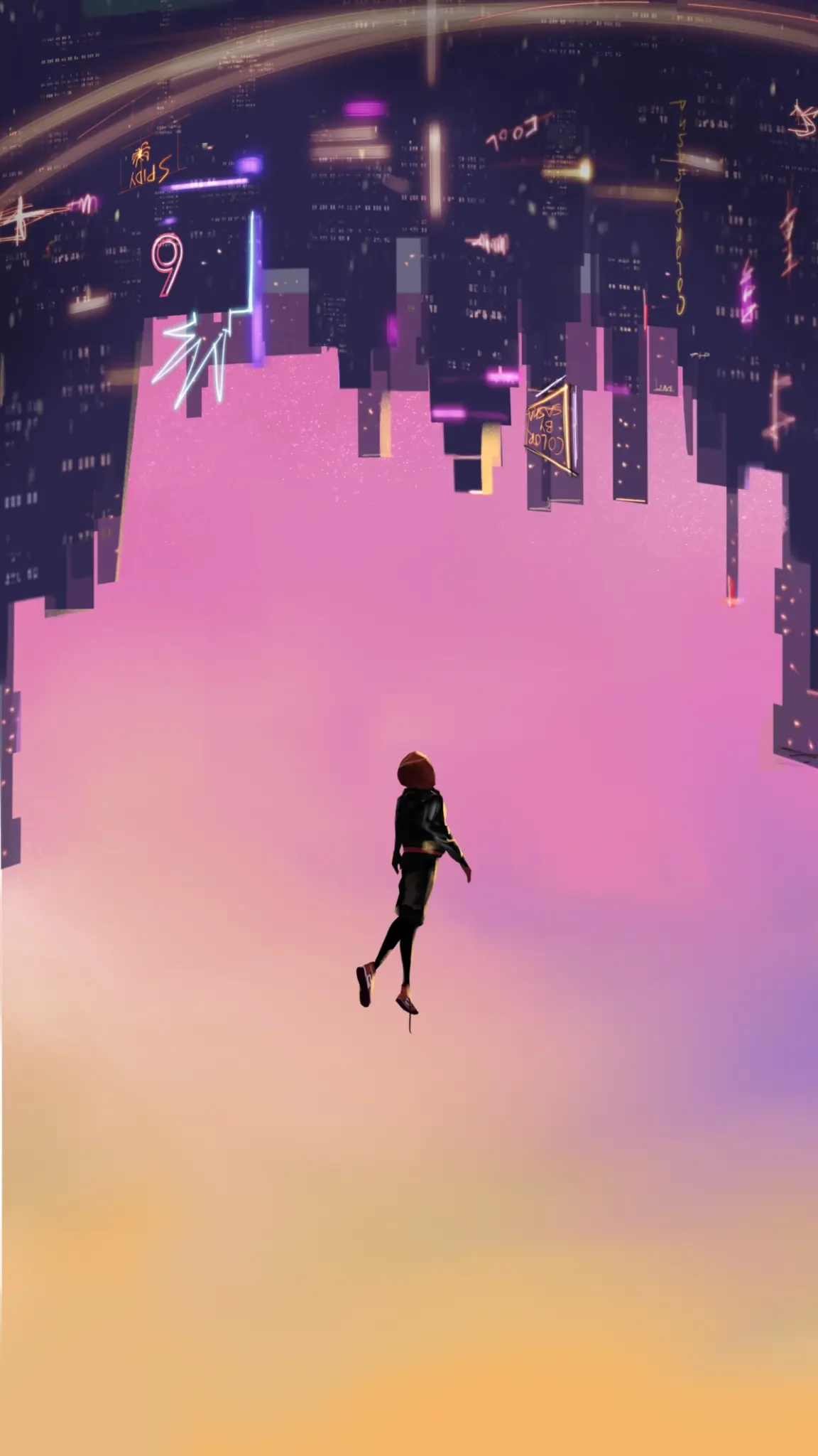 Anime-inspired digital illustration featuring a floating character in a surreal futuristic city created by Shashwati Vahadane.